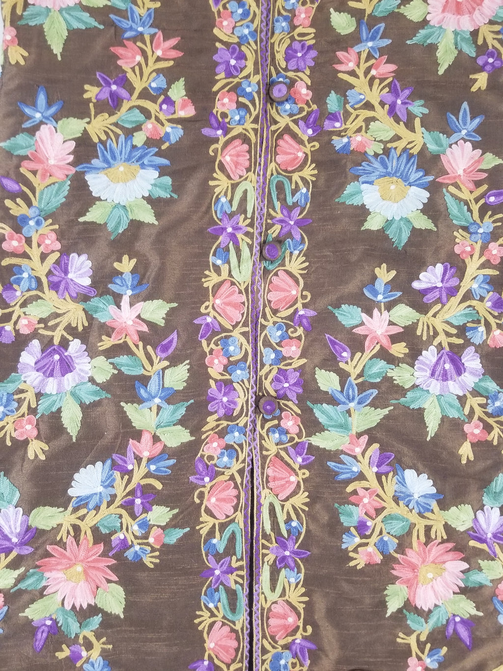 Vintage Traditional Kashmiri Crewel Embroidered Floral Silk Coat