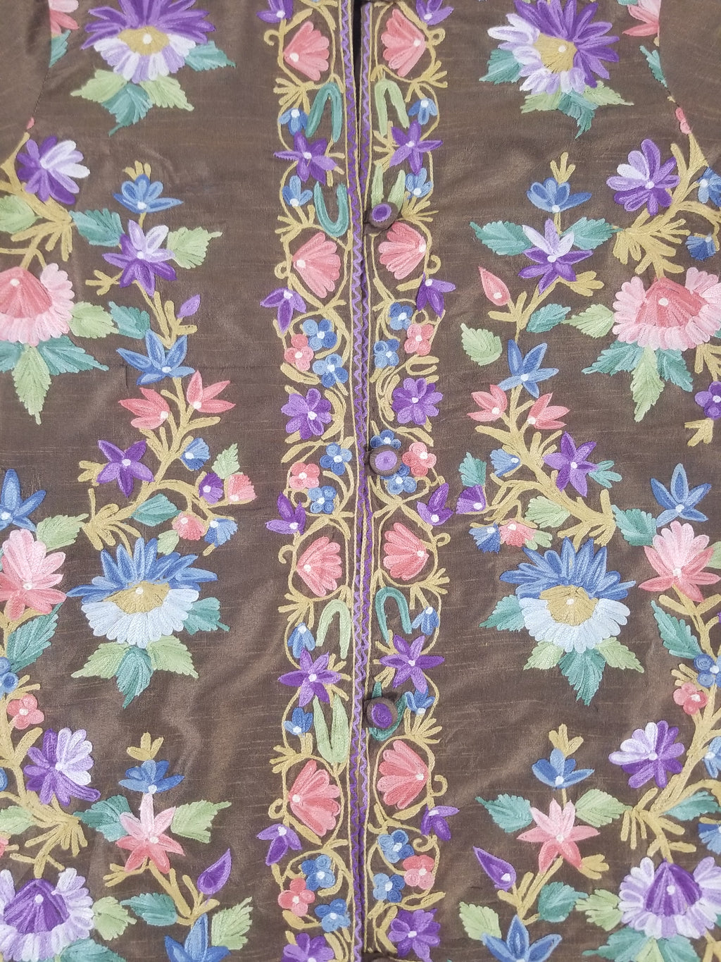 Vintage Traditional Kashmiri Crewel Embroidered Floral Silk Coat