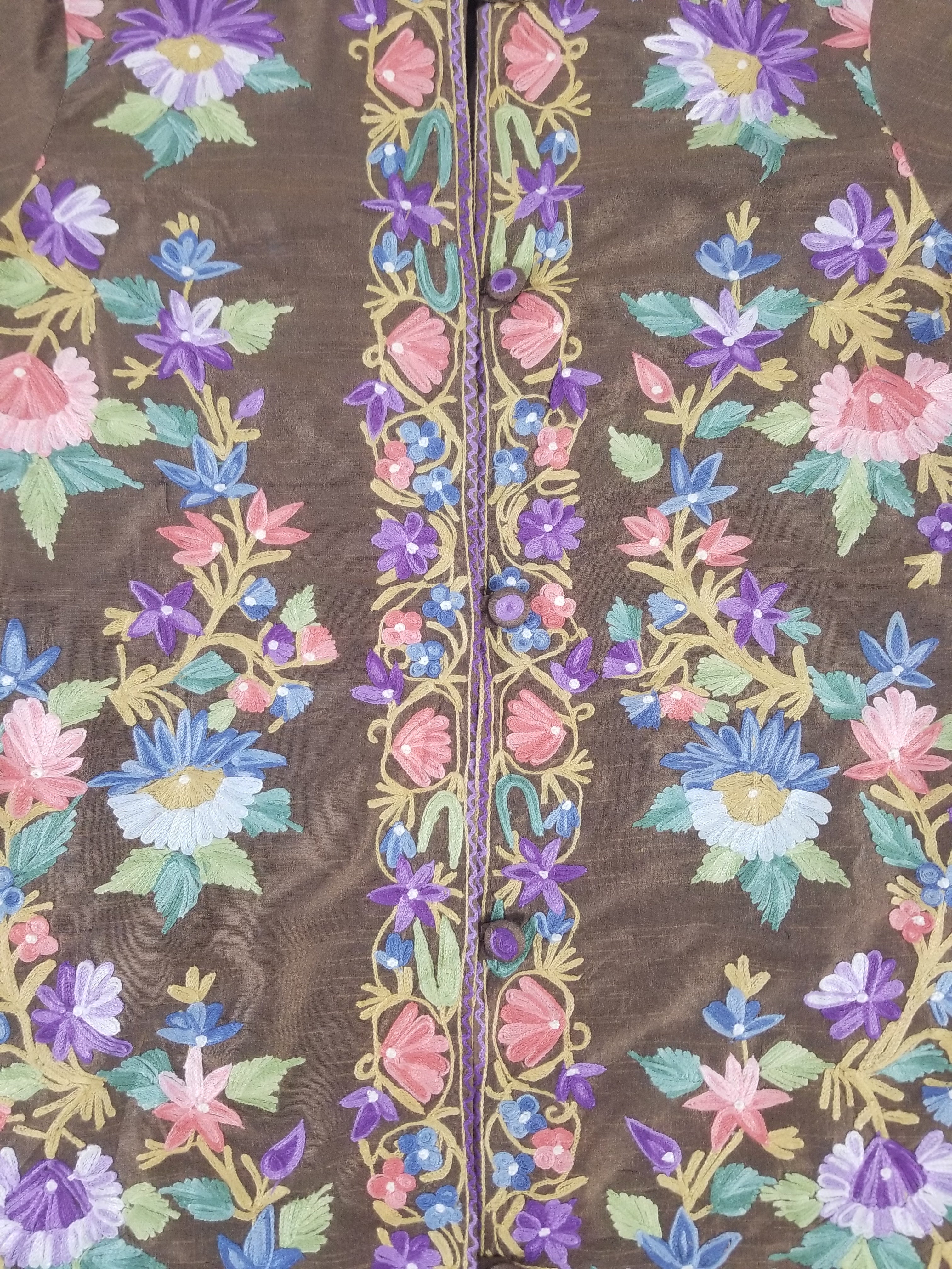 Vintage Traditional Kashmiri Crewel Embroidered Floral Silk Coat