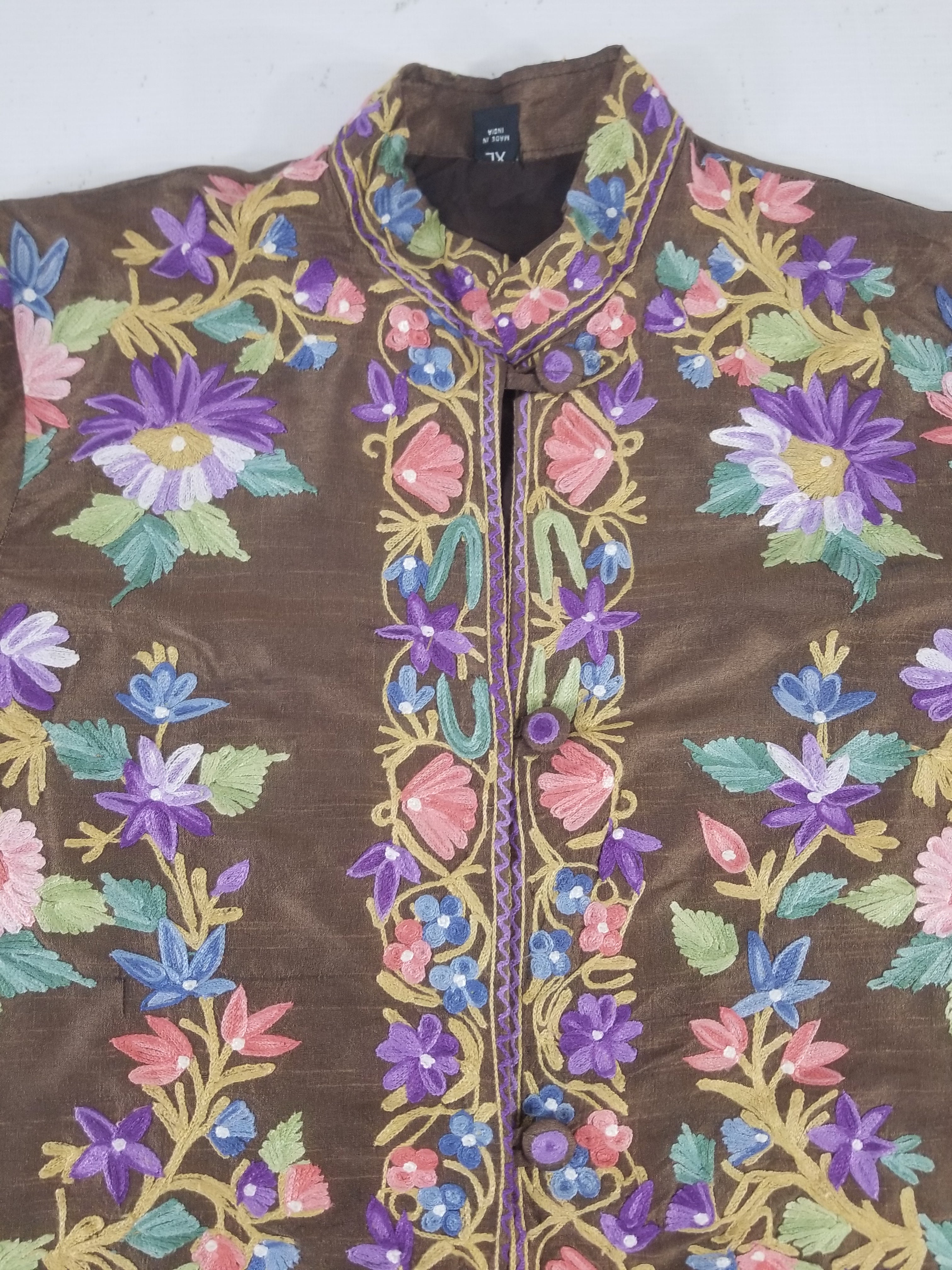 Vintage Traditional Kashmiri Crewel Embroidered Floral Silk Coat