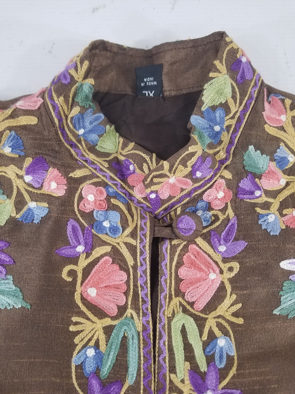 Vintage Traditional Kashmiri Crewel Embroidered Floral Silk Coat