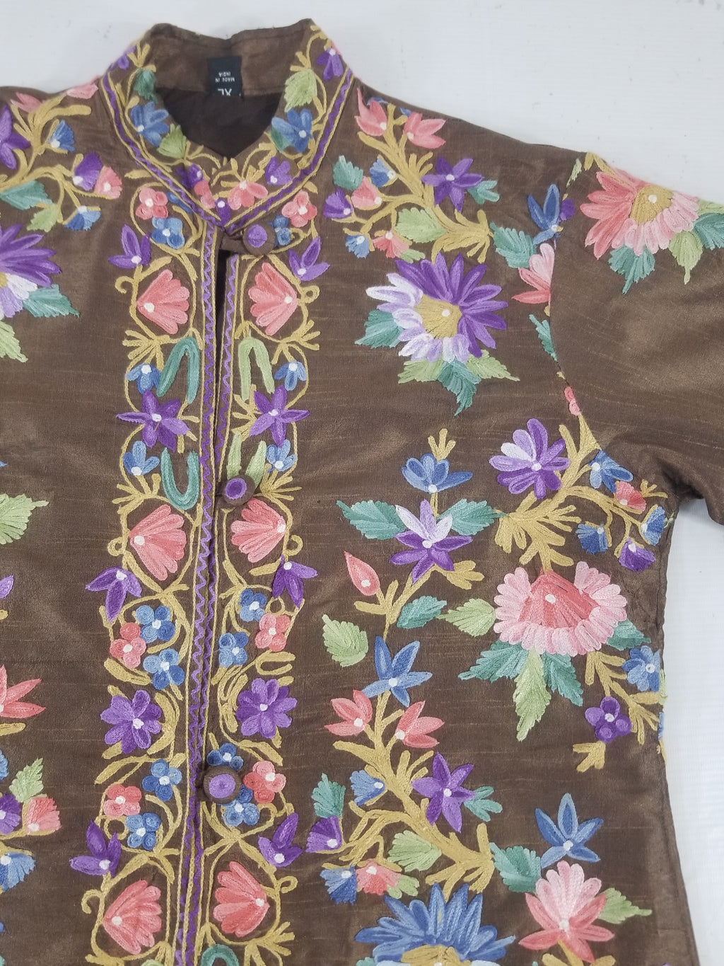 Vintage Traditional Kashmiri Crewel Embroidered Floral Silk Coat