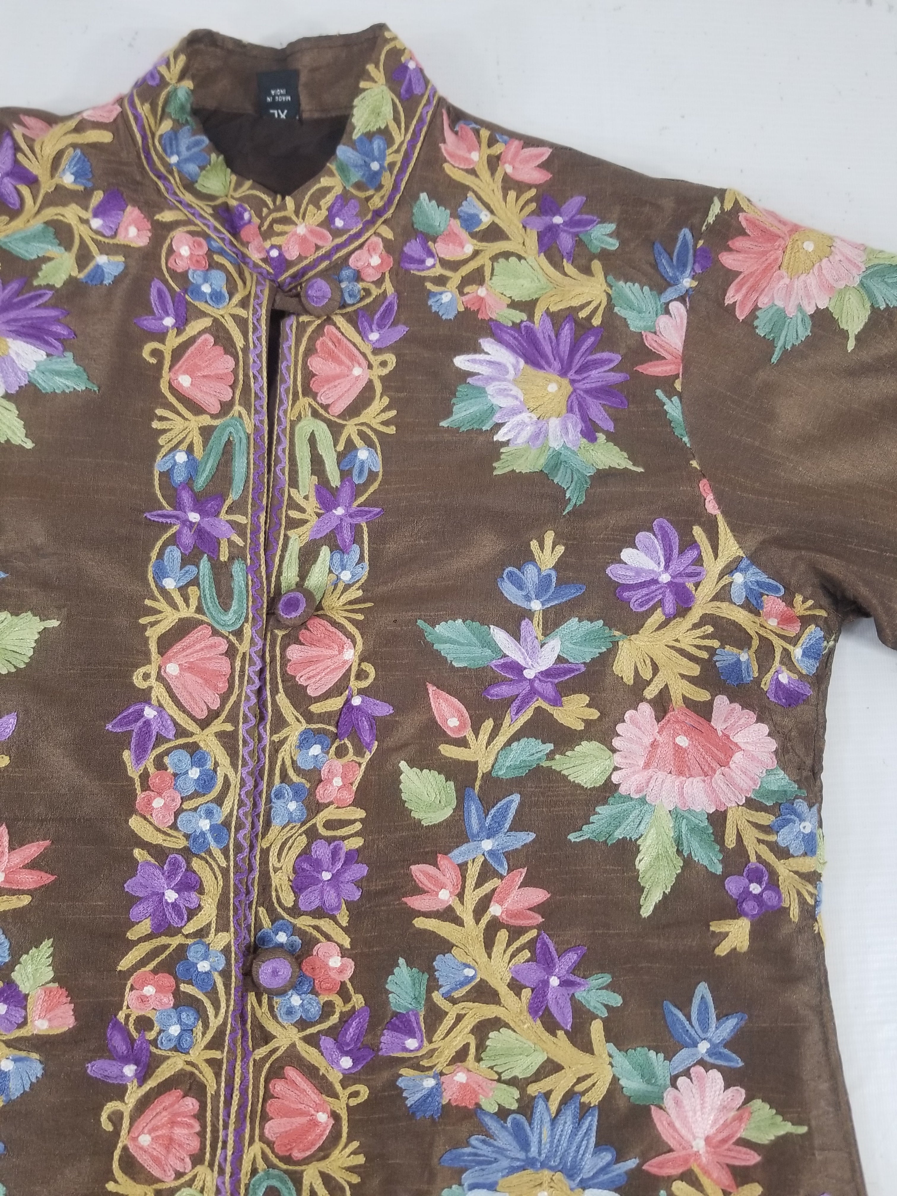 Vintage Traditional Kashmiri Crewel Embroidered Floral Silk Coat