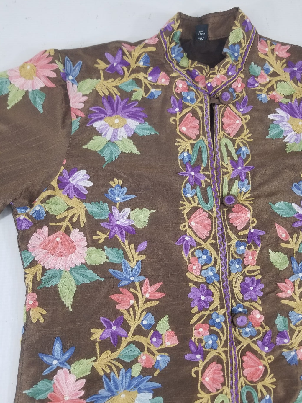 Vintage Traditional Kashmiri Crewel Embroidered Floral Silk Coat