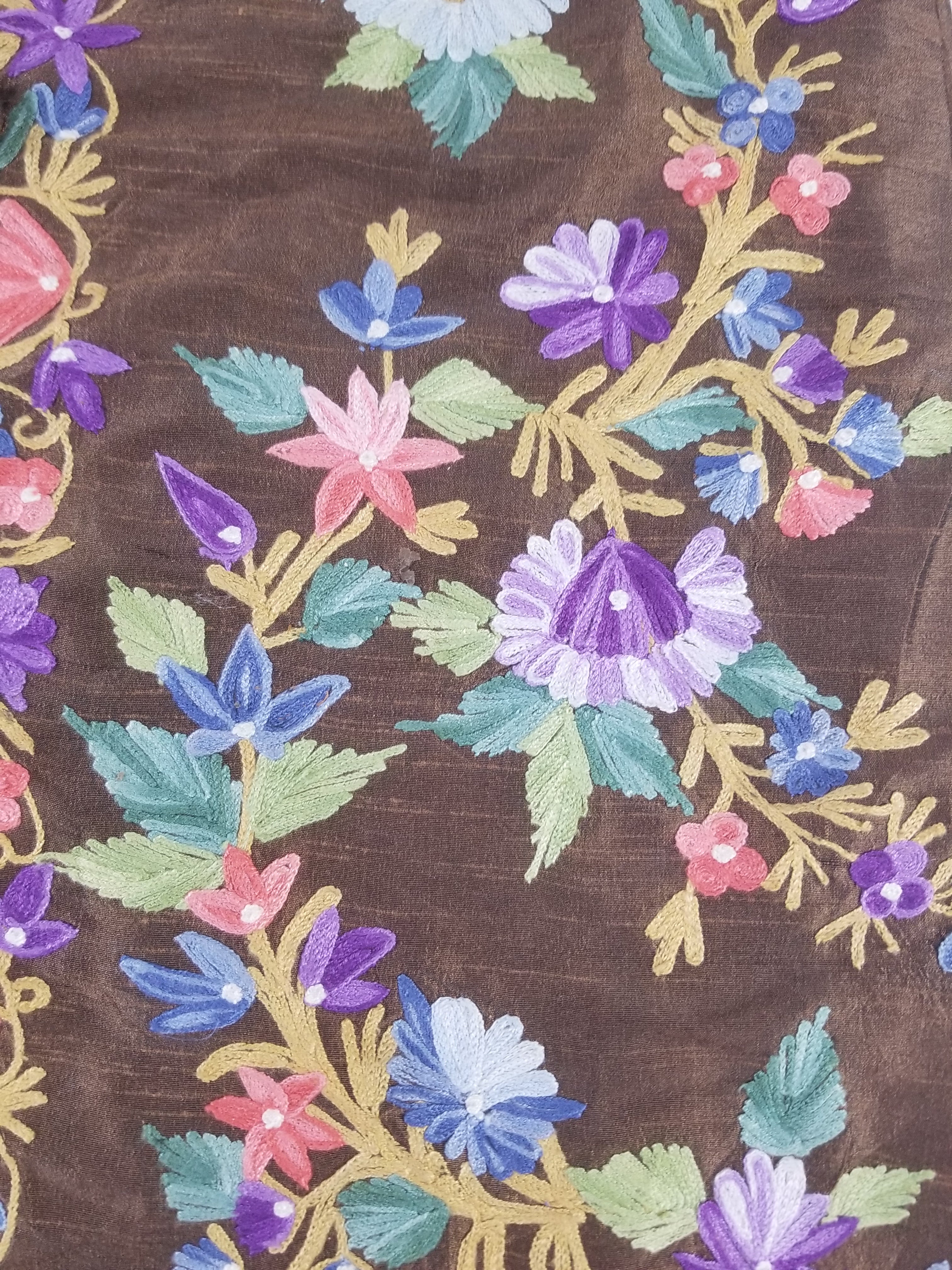 Vintage Traditional Kashmiri Crewel Embroidered Floral Silk Coat