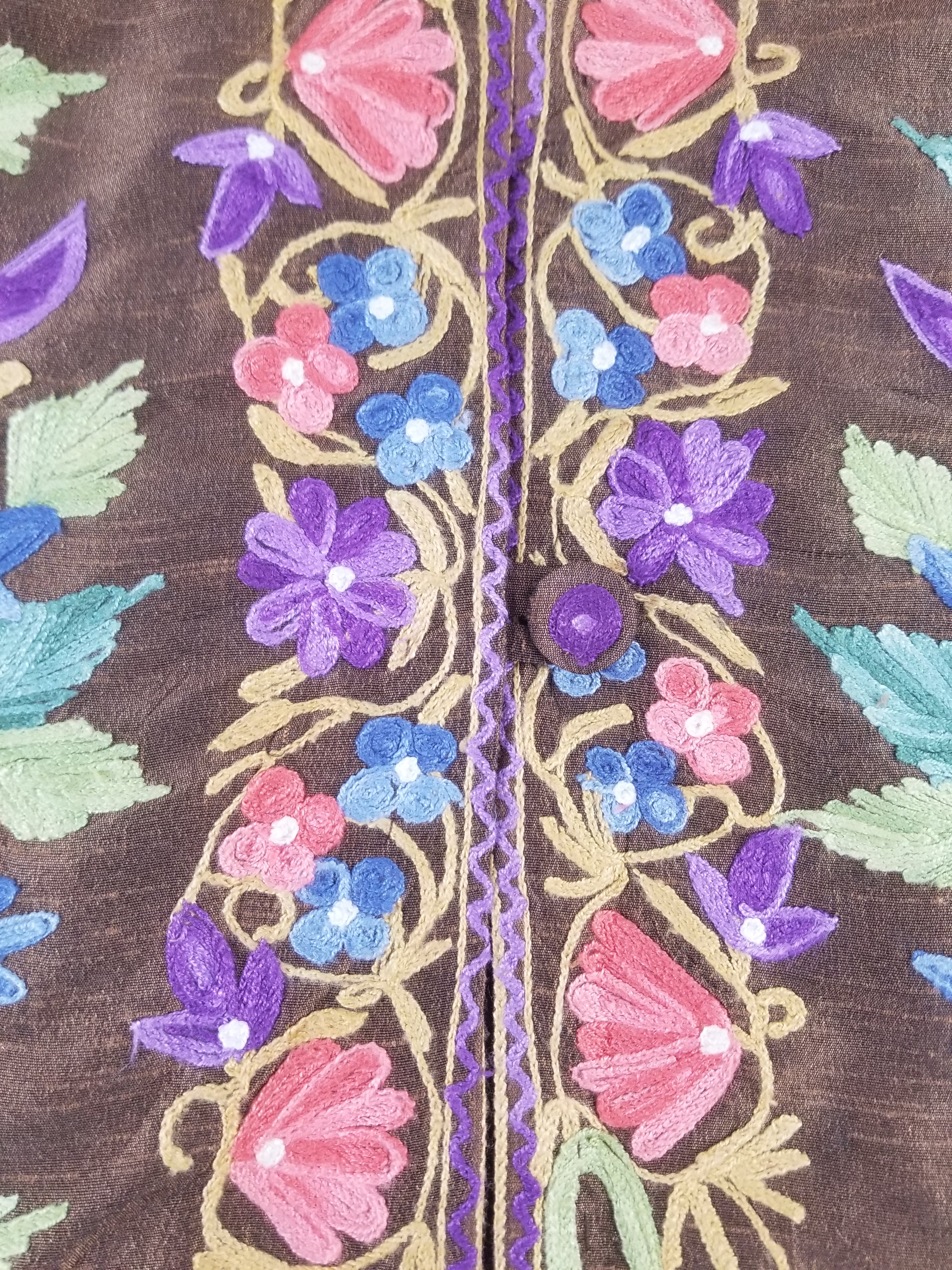 Vintage Traditional Kashmiri Crewel Embroidered Floral Silk Coat