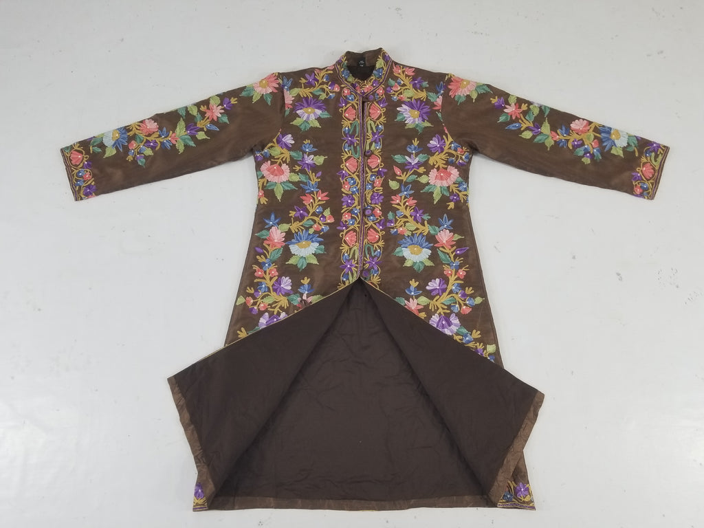 Vintage Traditional Kashmiri Crewel Embroidered Floral Silk Coat