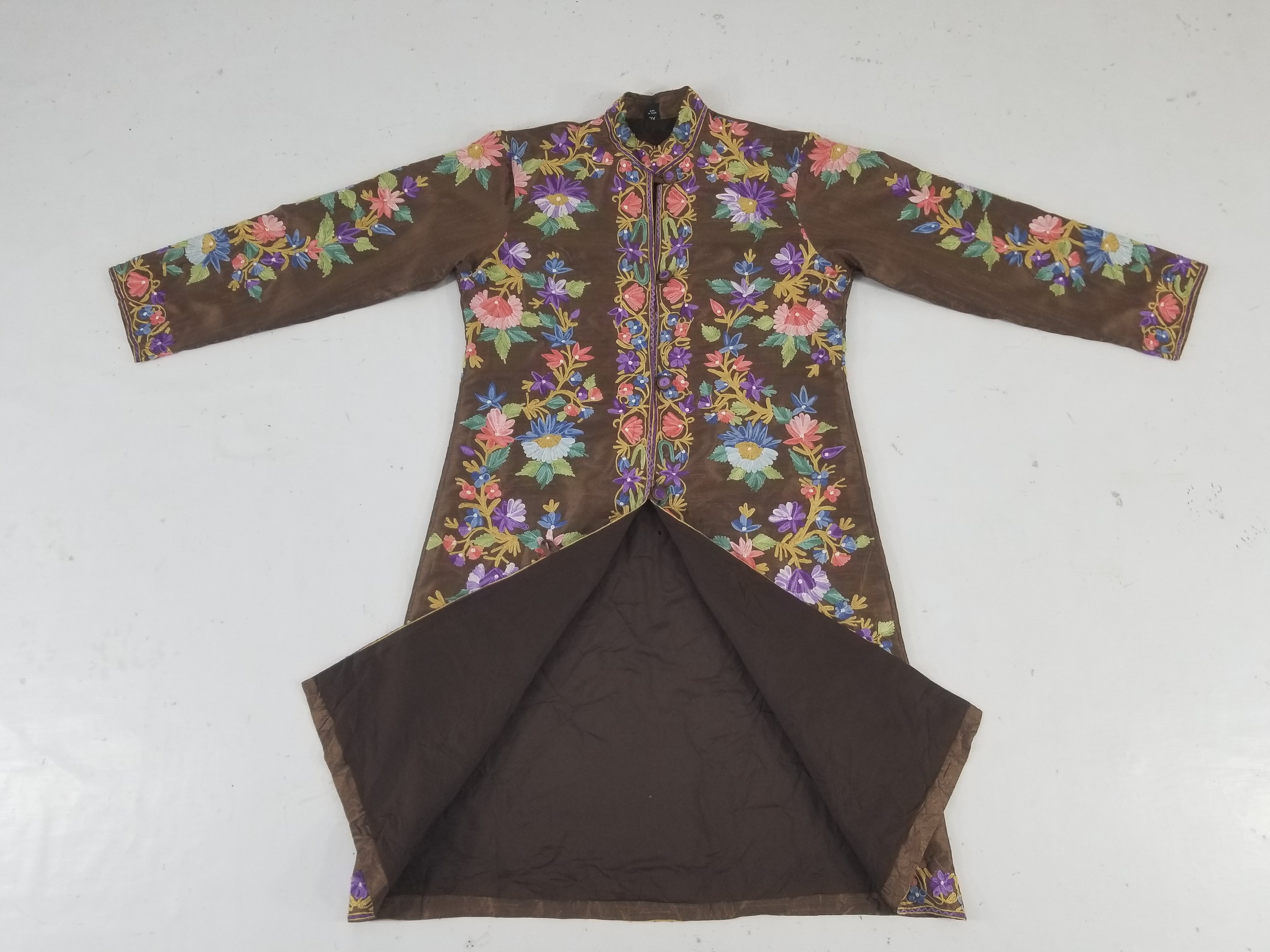 Vintage Traditional Kashmiri Crewel Embroidered Floral Silk Coat