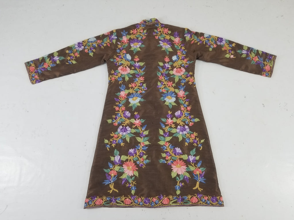 Vintage Traditional Kashmiri Crewel Embroidered Floral Silk Coat