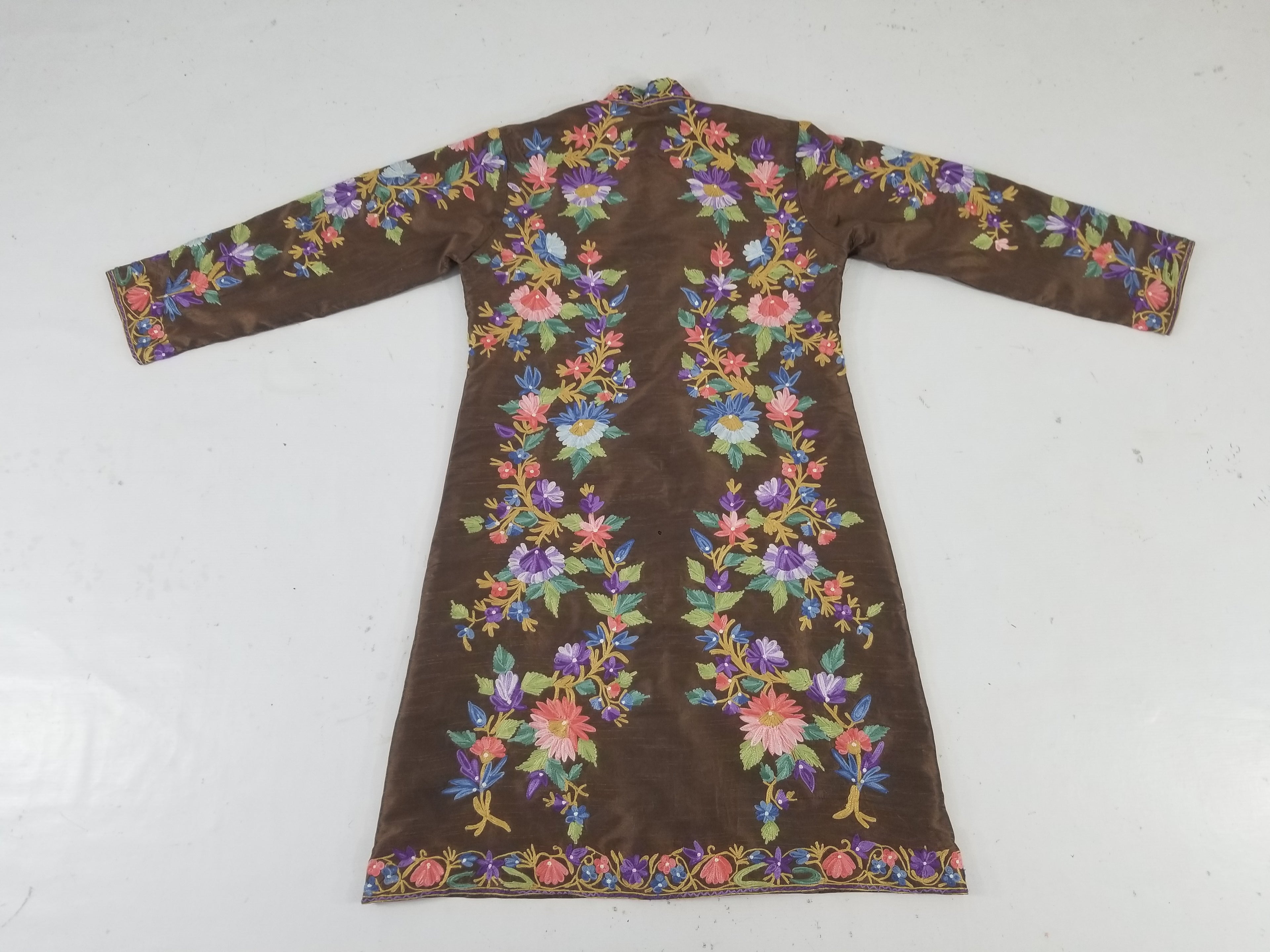 Vintage Traditional Kashmiri Crewel Embroidered Floral Silk Coat