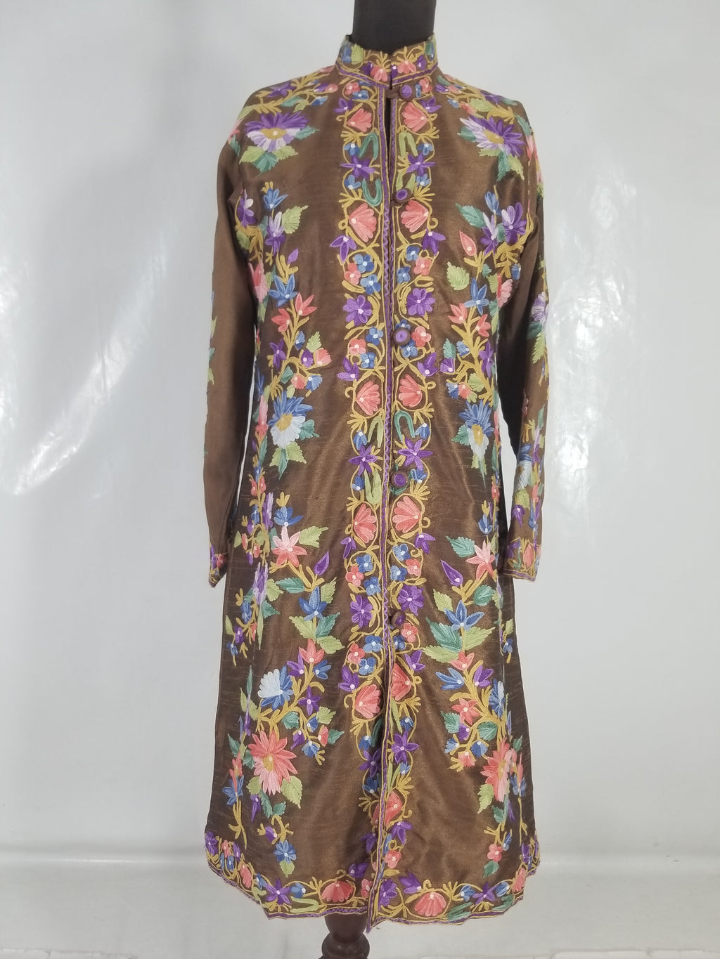 Vintage Traditional Kashmiri Crewel Embroidered Floral Silk Coat