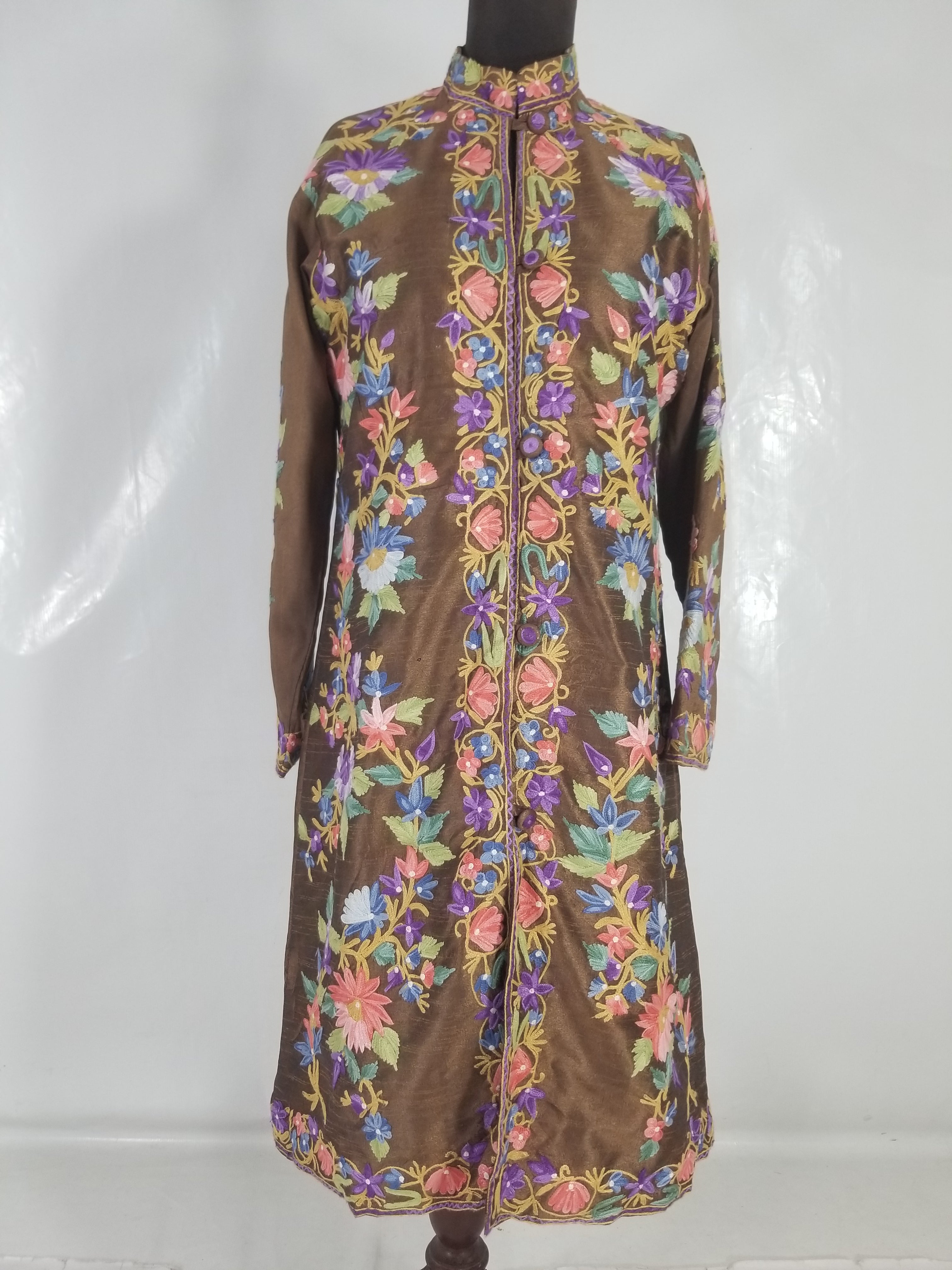 Vintage Traditional Kashmiri Crewel Embroidered Floral Silk Coat