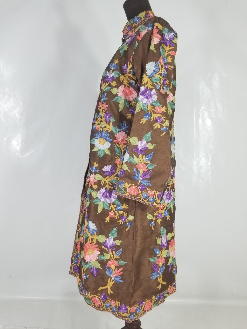 Vintage Traditional Kashmiri Crewel Embroidered Floral Silk Coat