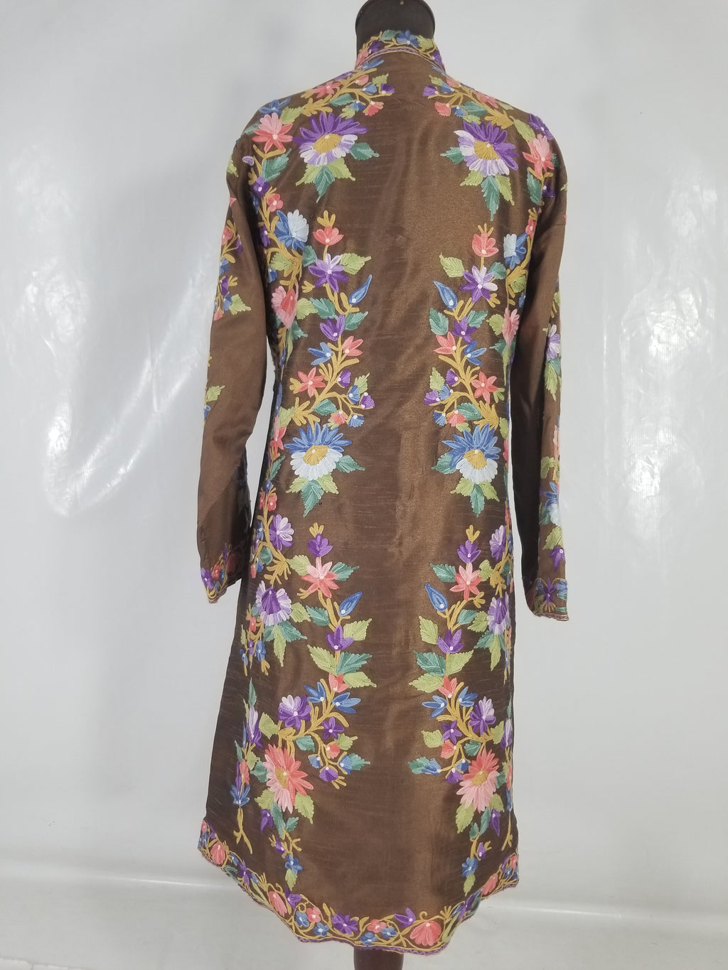 Vintage Traditional Kashmiri Crewel Embroidered Floral Silk Coat
