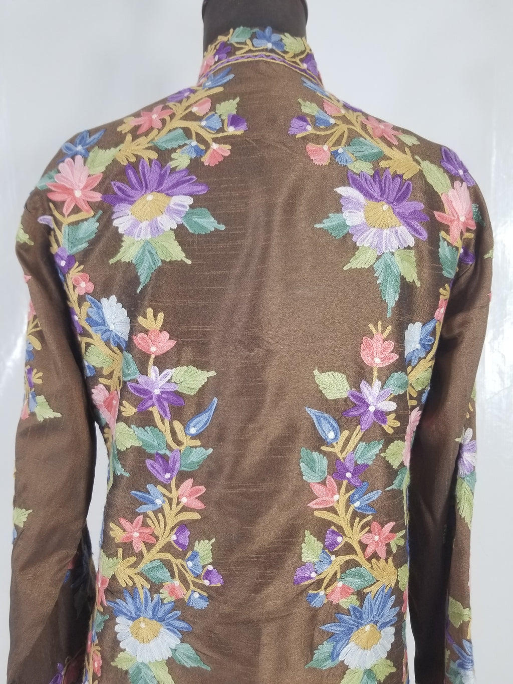 Vintage Traditional Kashmiri Crewel Embroidered Floral Silk Coat