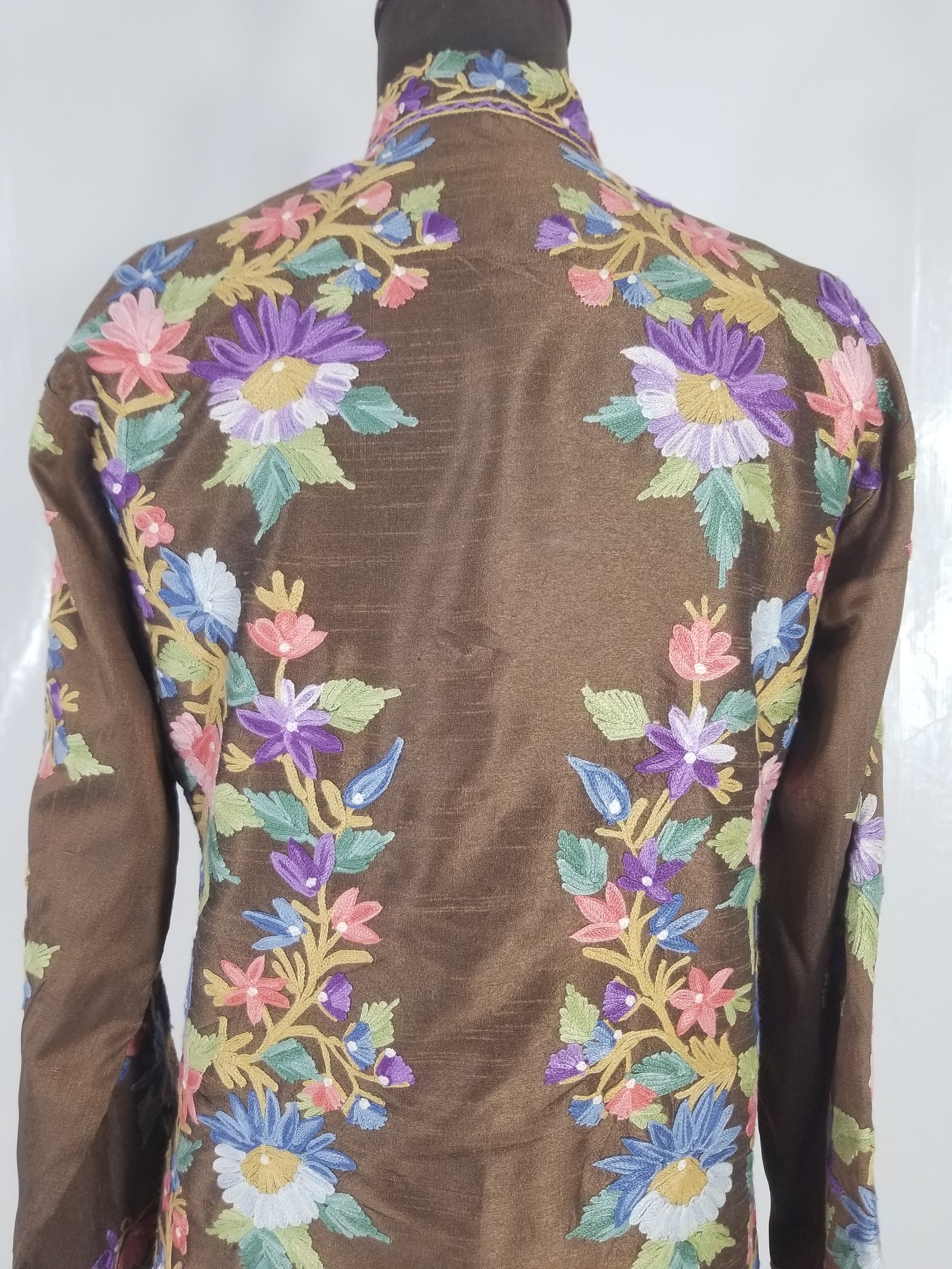 Vintage Traditional Kashmiri Crewel Embroidered Floral Silk Coat