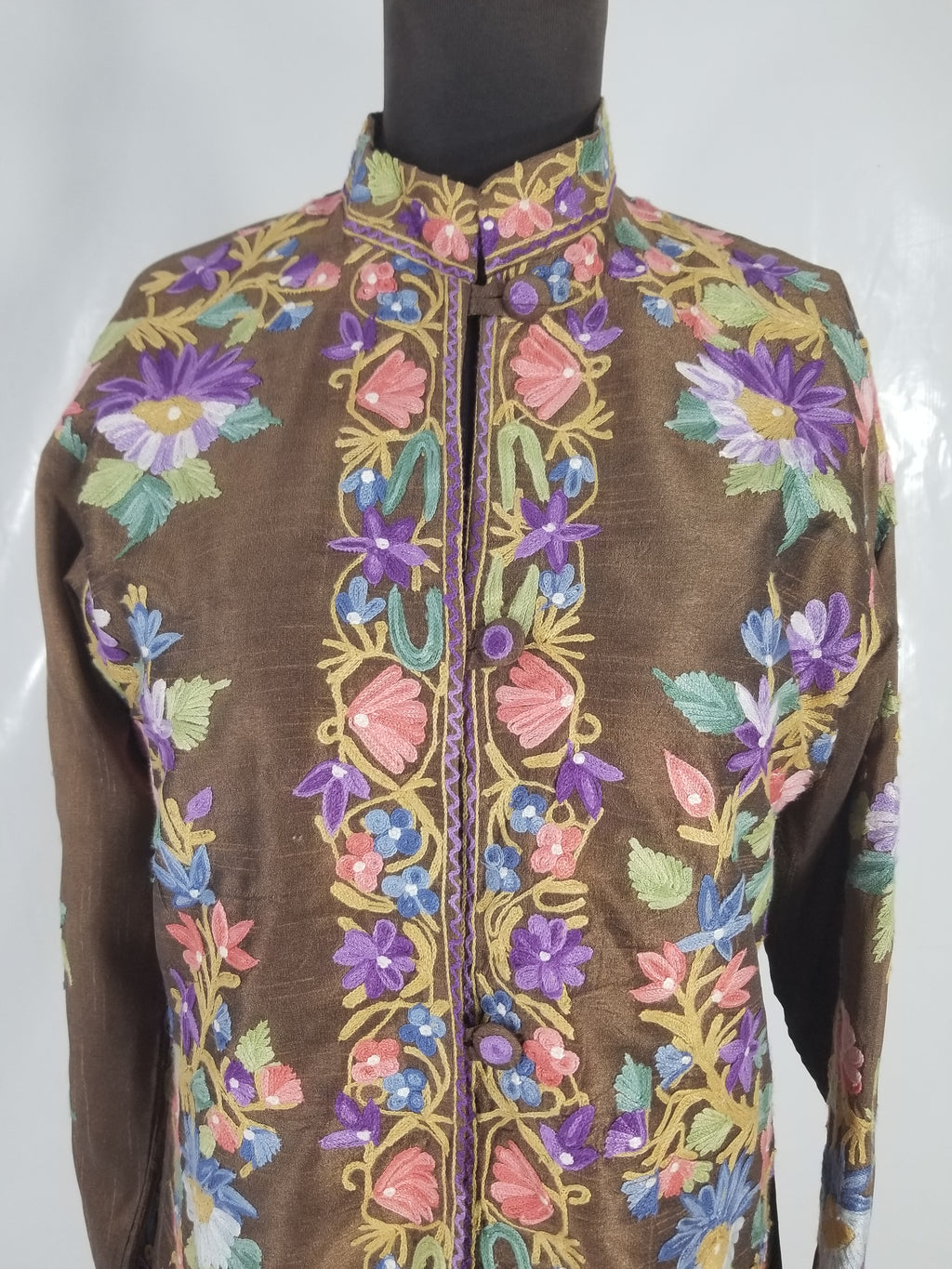 Vintage Traditional Kashmiri Crewel Embroidered Floral Silk Coat