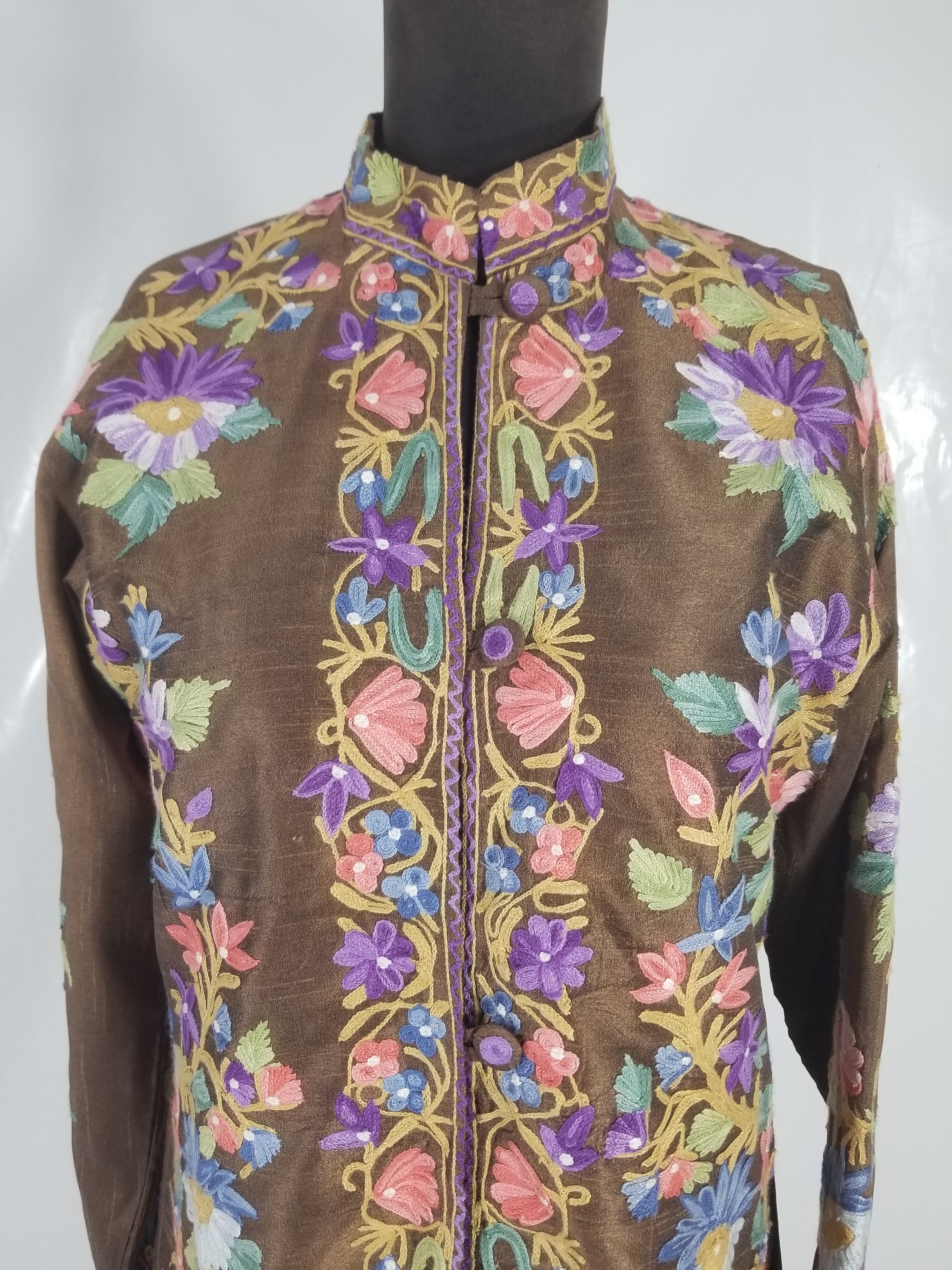 Vintage Traditional Kashmiri Crewel Embroidered Floral Silk Coat