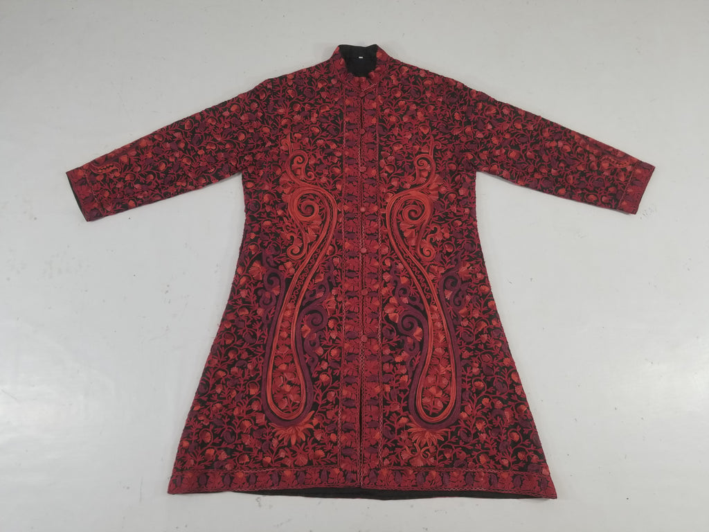 Vintage Traditional Kashmiri Crewel Embroidered Paisley Wool Coat