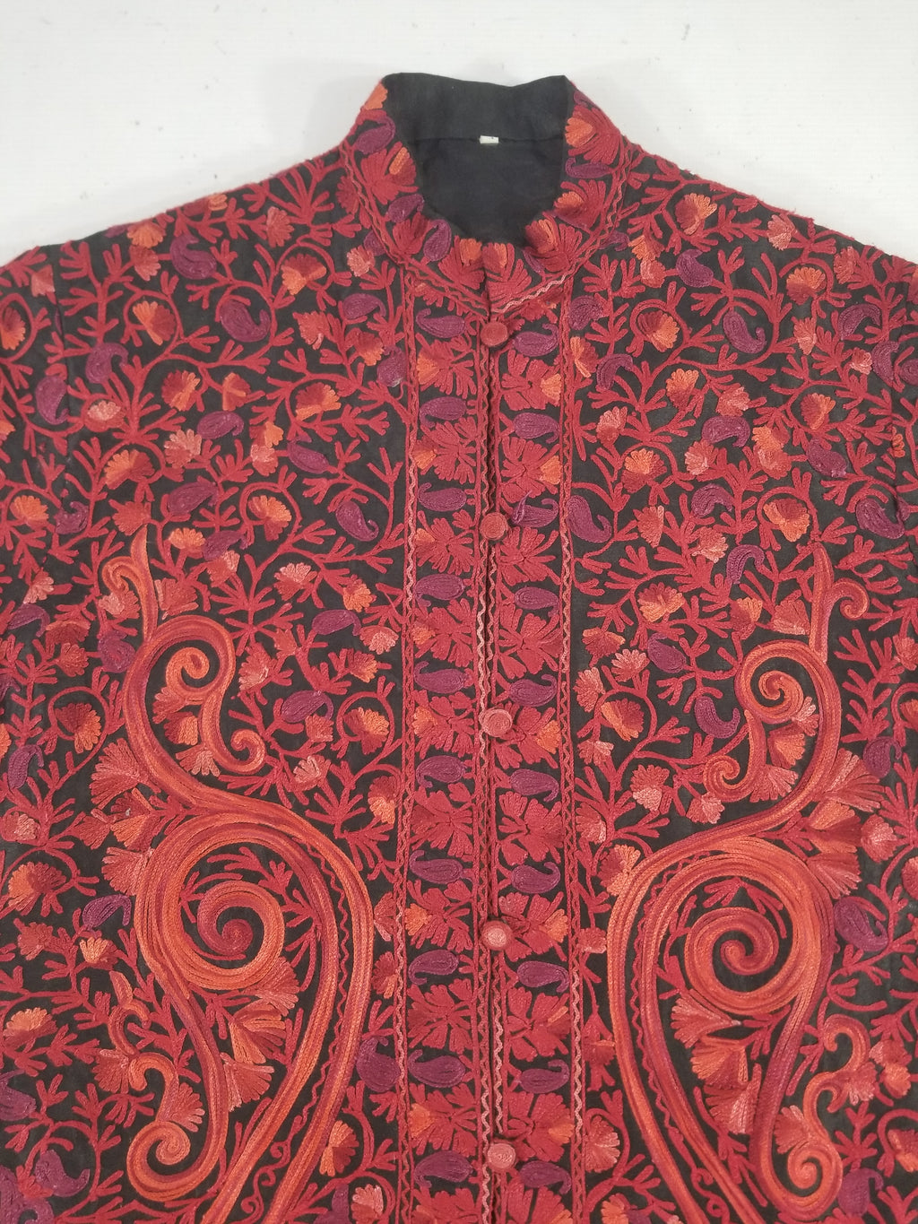Vintage Traditional Kashmiri Crewel Embroidered Paisley Wool Coat