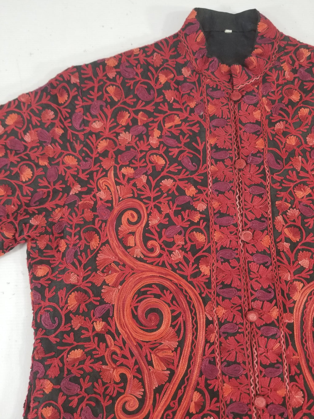 Vintage Traditional Kashmiri Crewel Embroidered Paisley Wool Coat