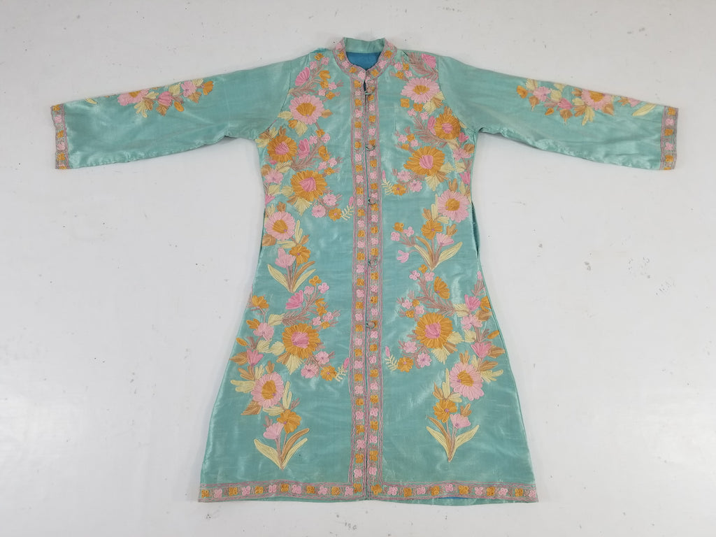 Vintage Traditional Kashmiri Crewel Embroidered Floral Silk Coat