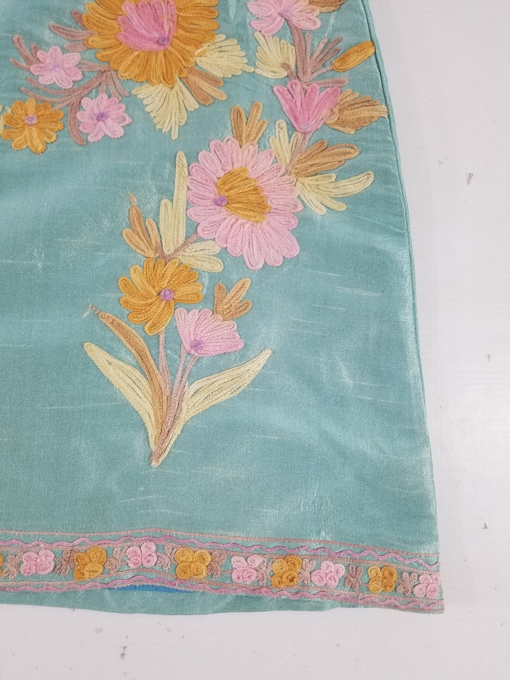 Vintage Traditional Kashmiri Crewel Embroidered Floral Silk Coat