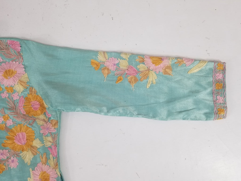Vintage Traditional Kashmiri Crewel Embroidered Floral Silk Coat