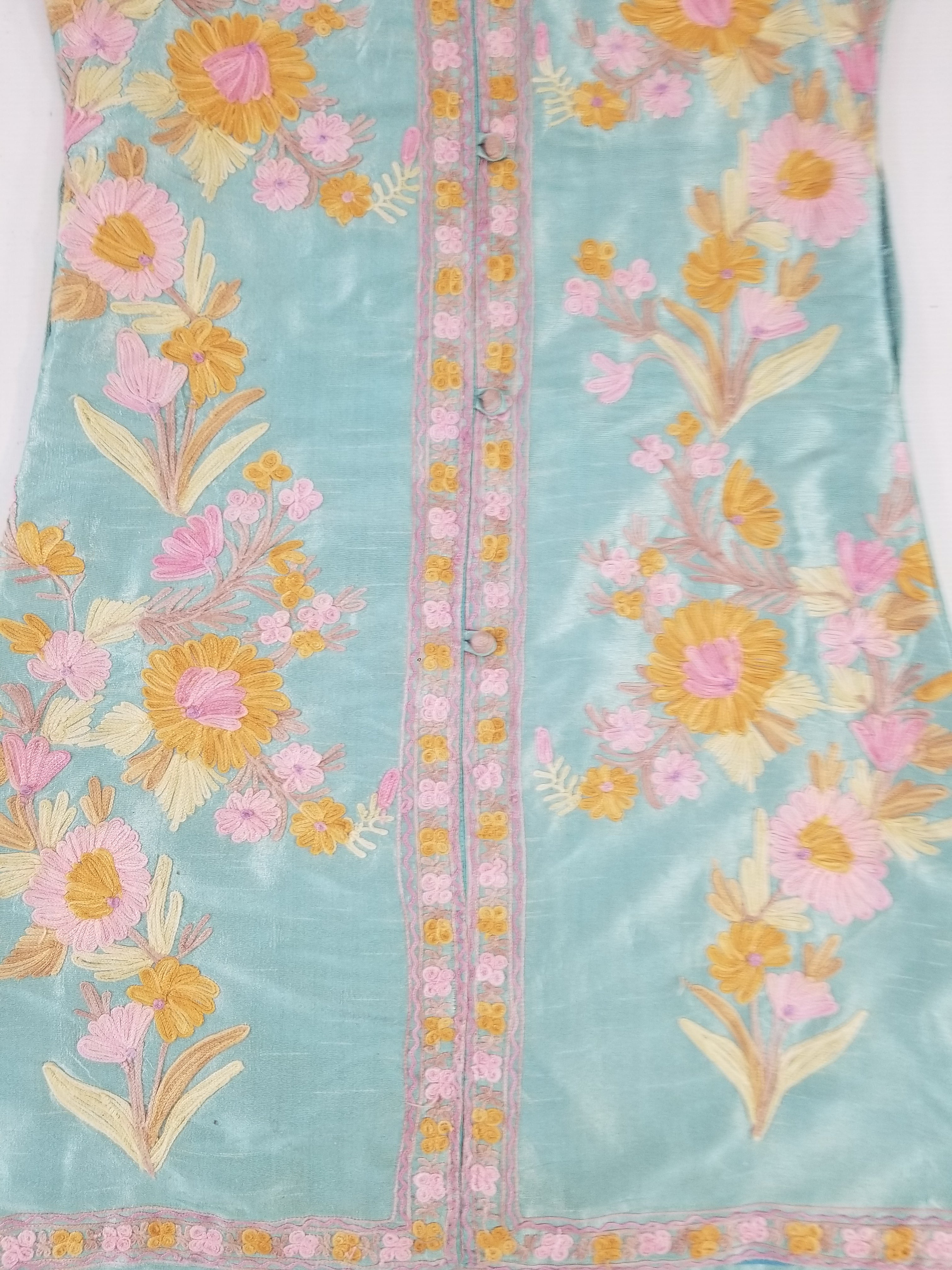 Vintage Traditional Kashmiri Crewel Embroidered Floral Silk Coat