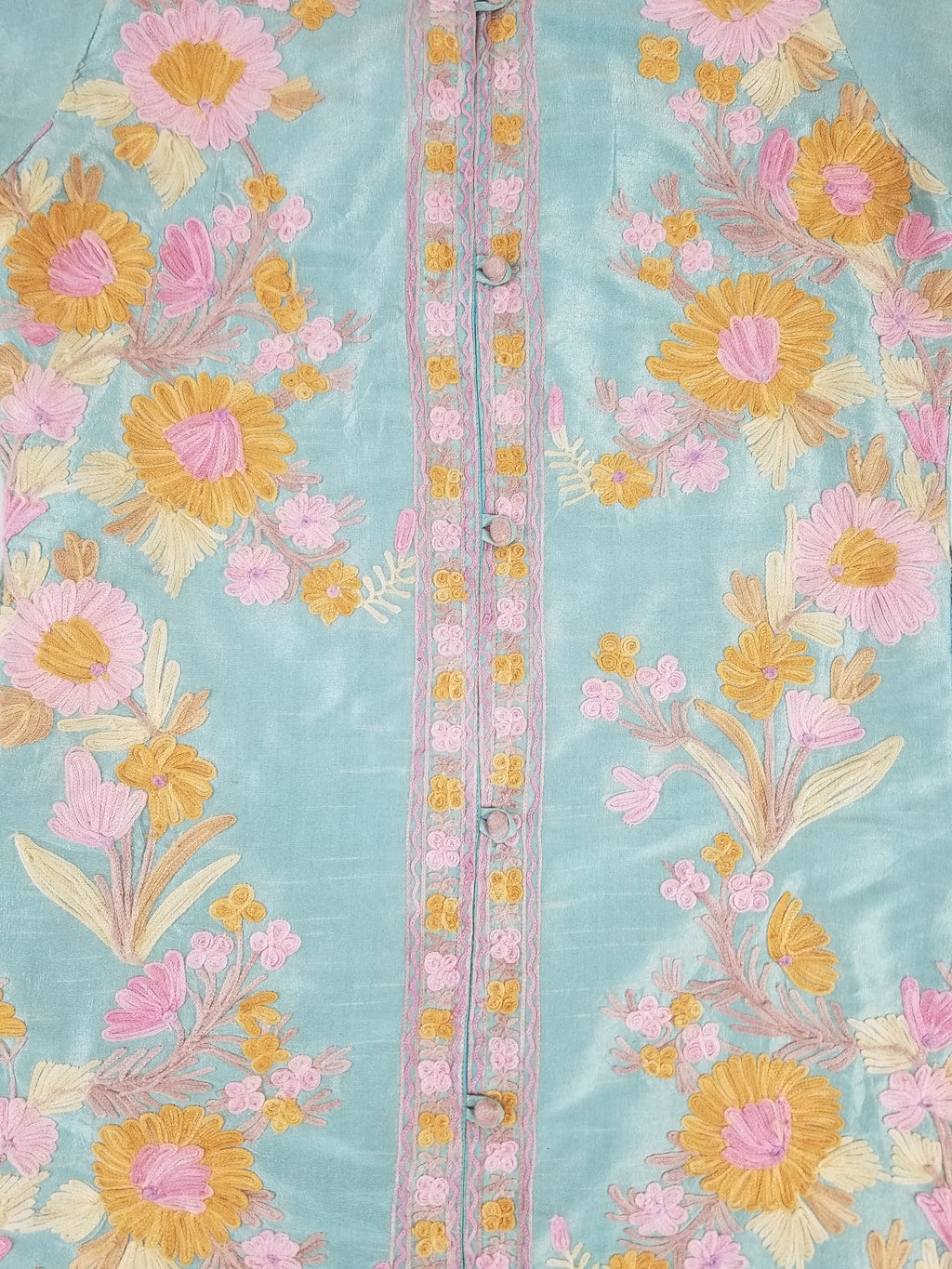 Vintage Traditional Kashmiri Crewel Embroidered Floral Silk Coat