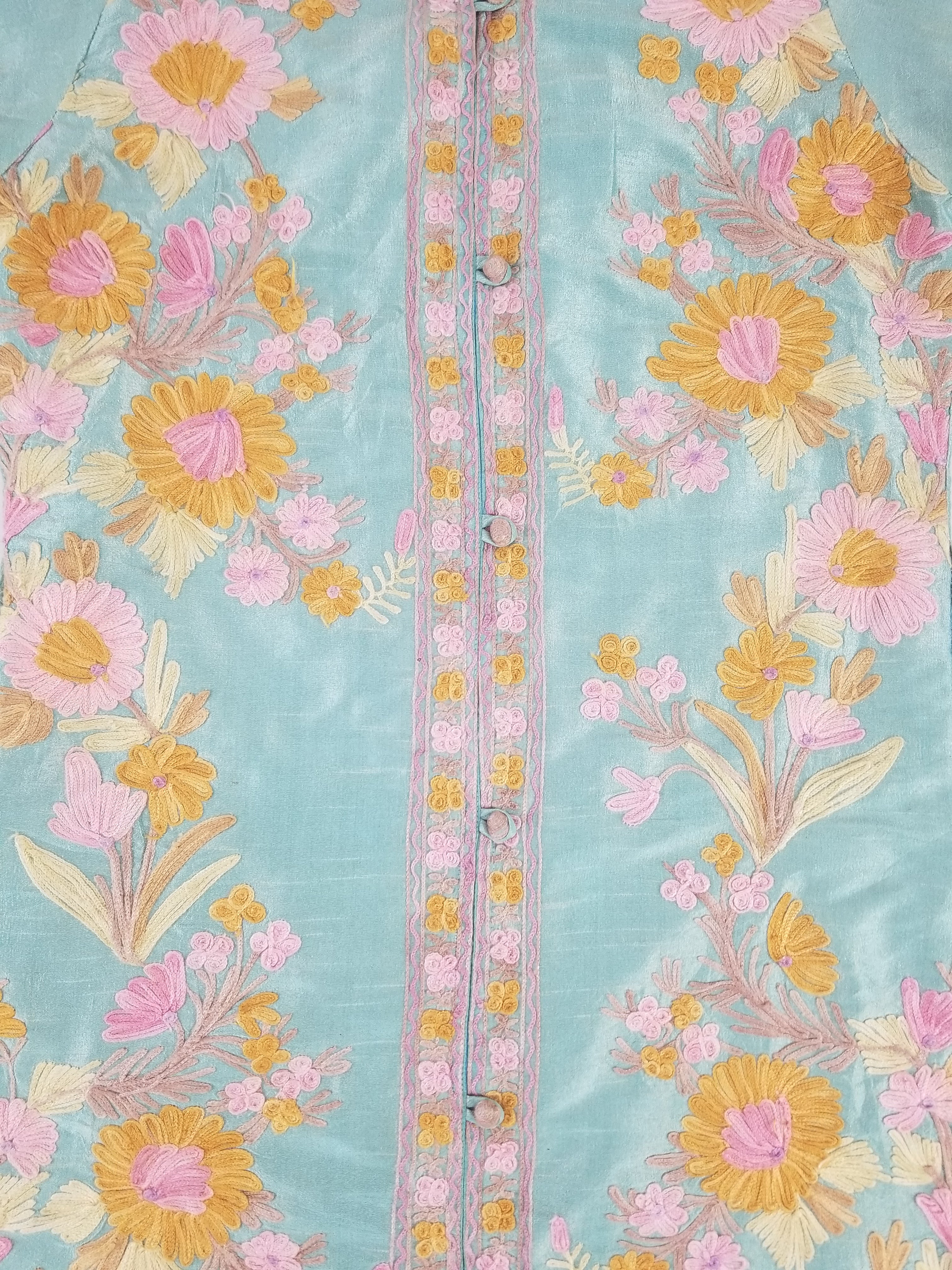 Vintage Traditional Kashmiri Crewel Embroidered Floral Silk Coat