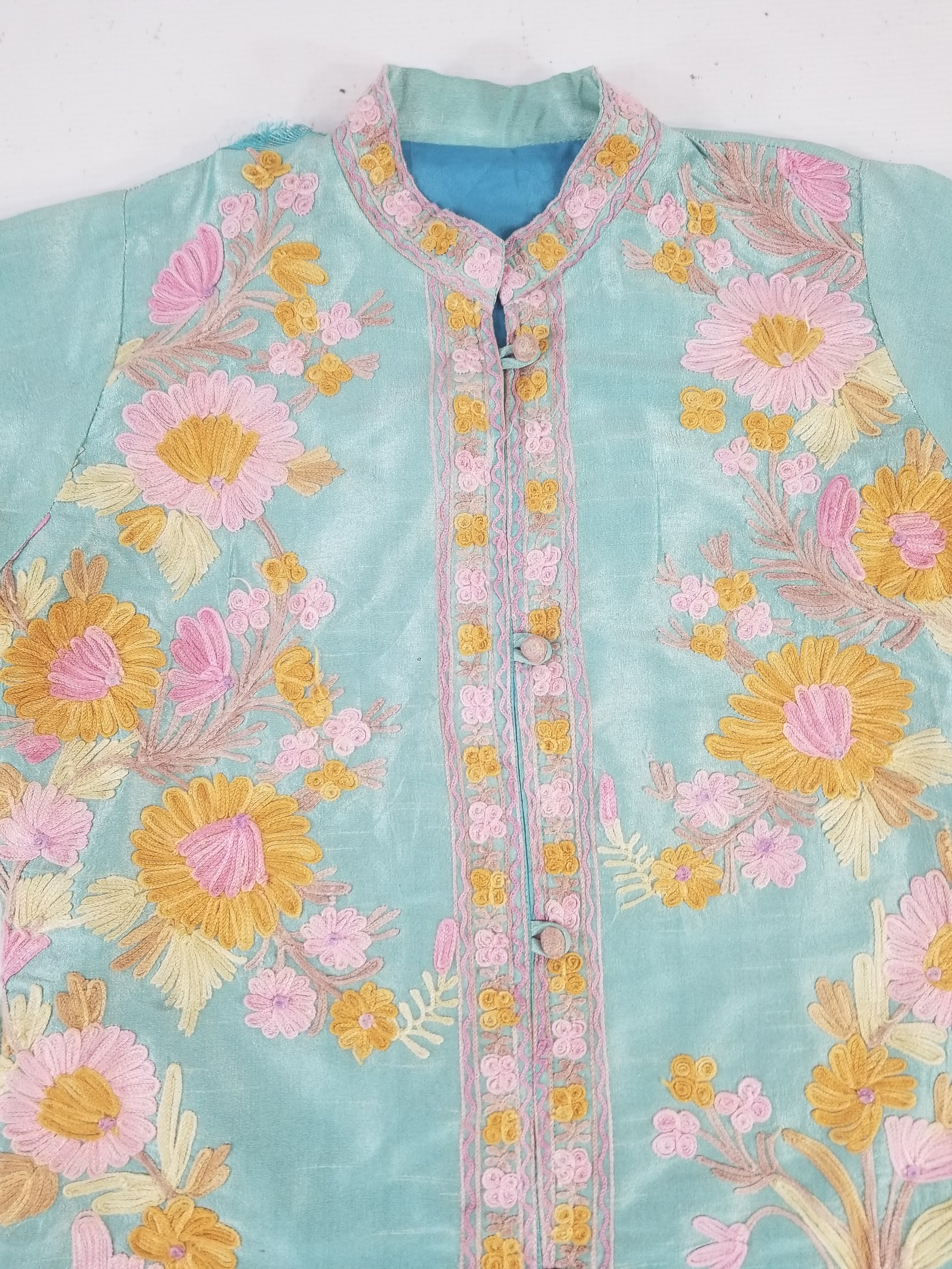 Vintage Traditional Kashmiri Crewel Embroidered Floral Silk Coat
