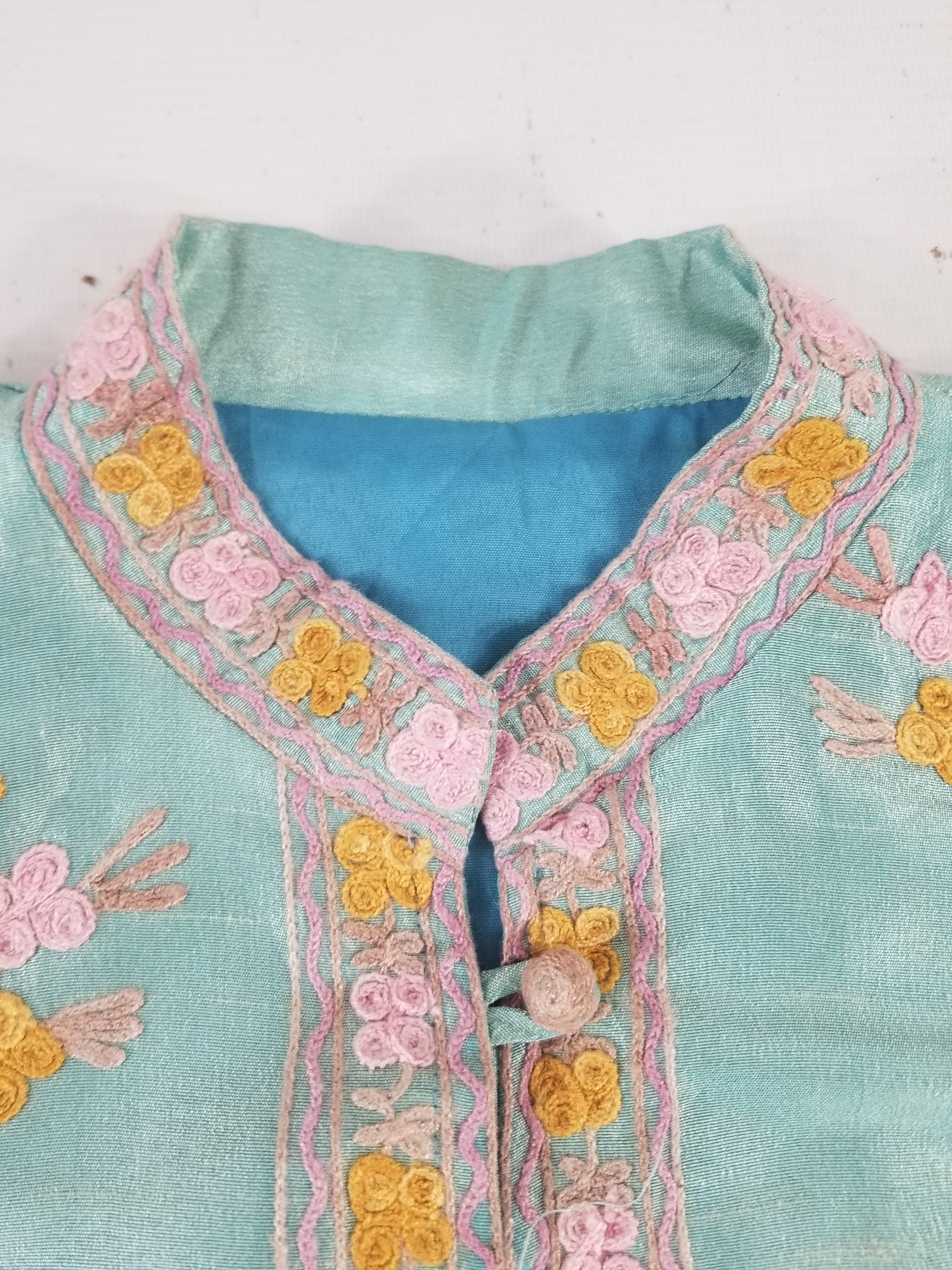 Vintage Traditional Kashmiri Crewel Embroidered Floral Silk Coat