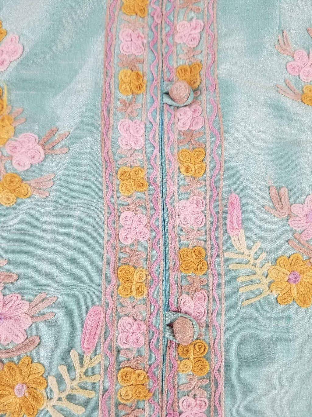 Vintage Traditional Kashmiri Crewel Embroidered Floral Silk Coat