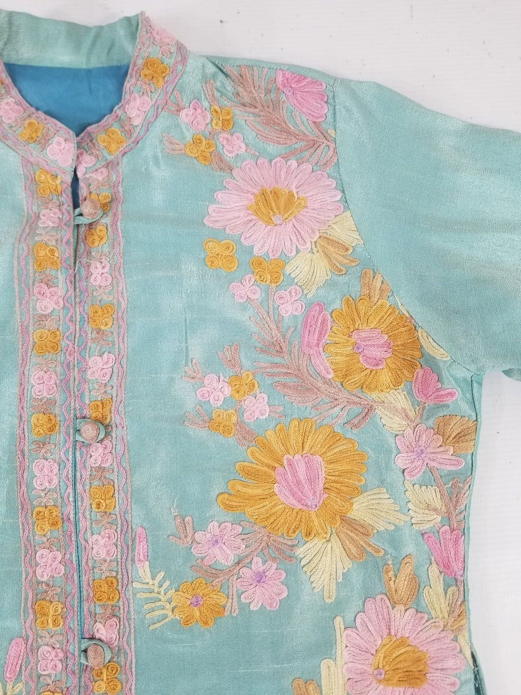 Vintage Traditional Kashmiri Crewel Embroidered Floral Silk Coat