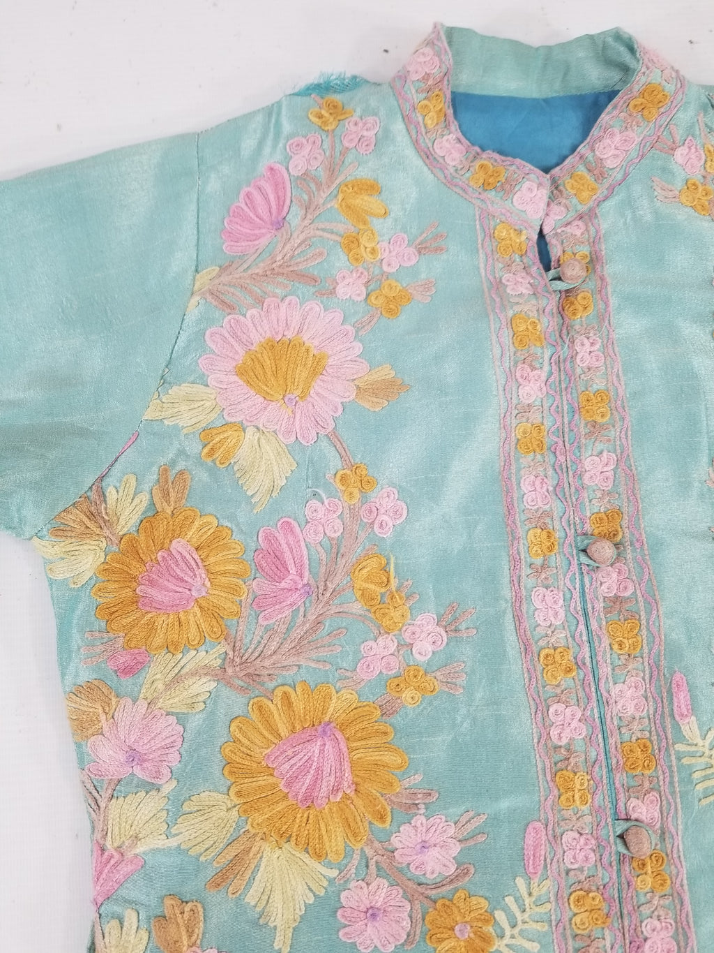 Vintage Traditional Kashmiri Crewel Embroidered Floral Silk Coat