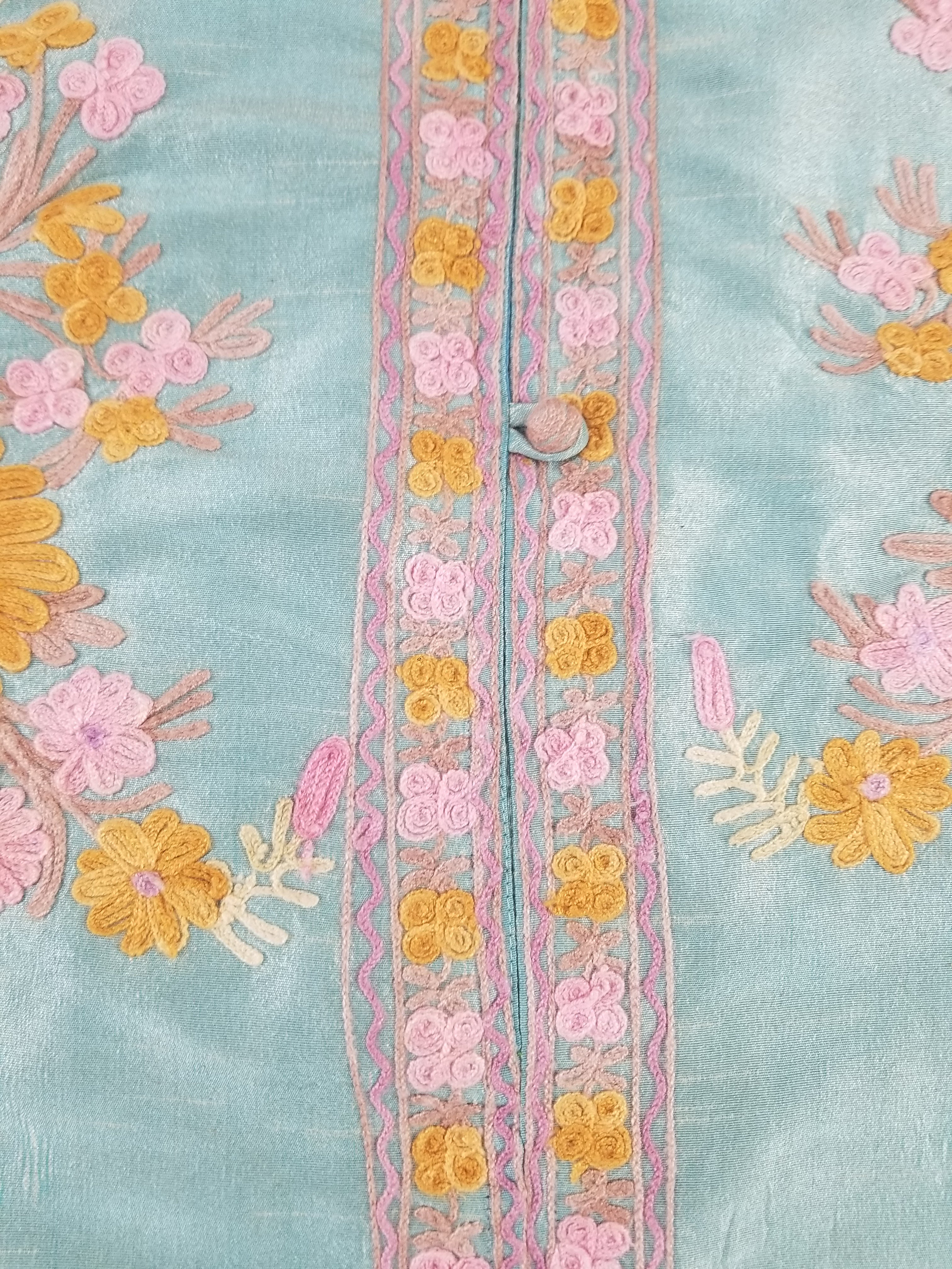 Vintage Traditional Kashmiri Crewel Embroidered Floral Silk Coat