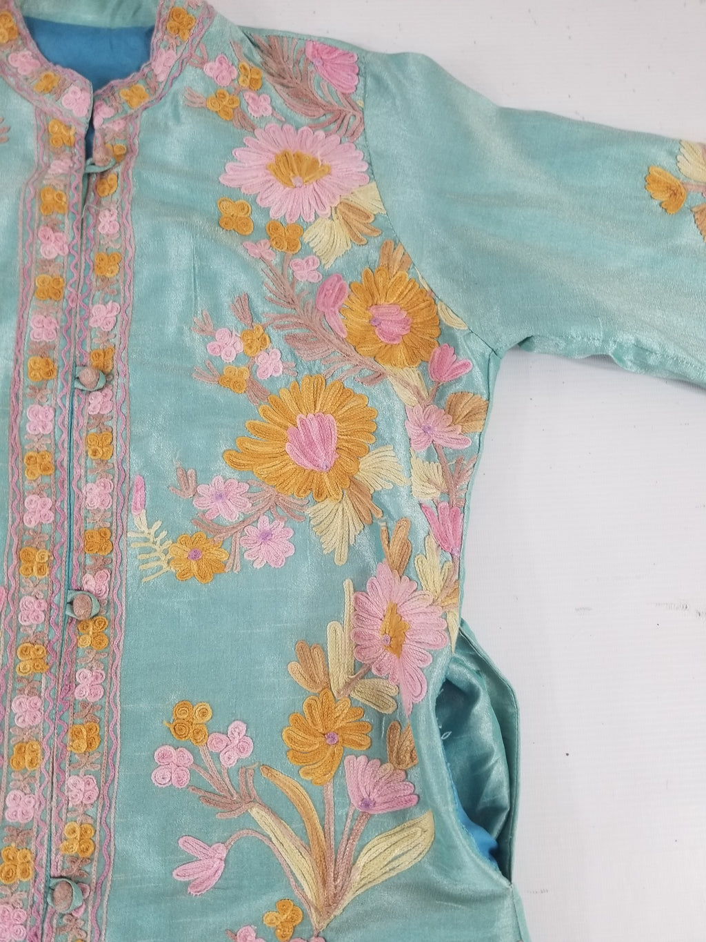 Vintage Traditional Kashmiri Crewel Embroidered Floral Silk Coat