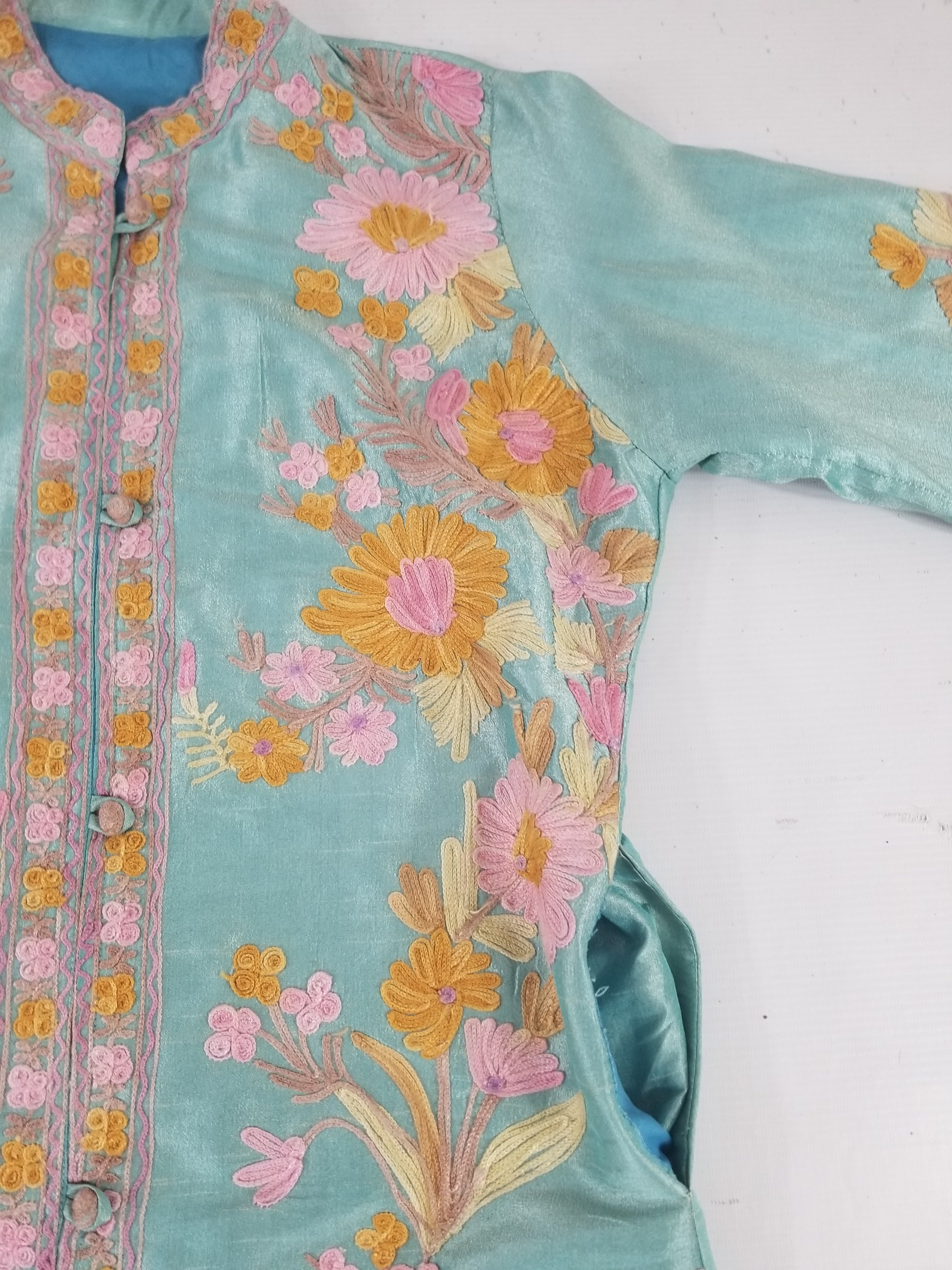 Vintage Traditional Kashmiri Crewel Embroidered Floral Silk Coat