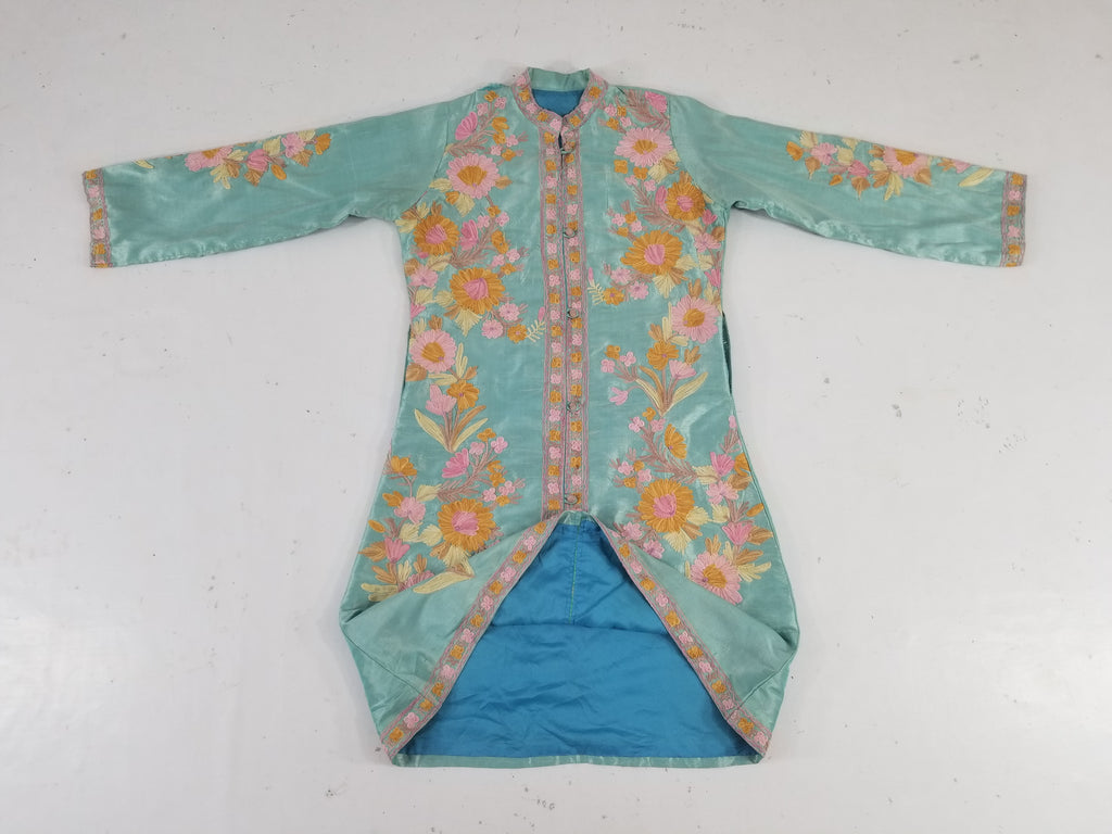 Vintage Traditional Kashmiri Crewel Embroidered Floral Silk Coat