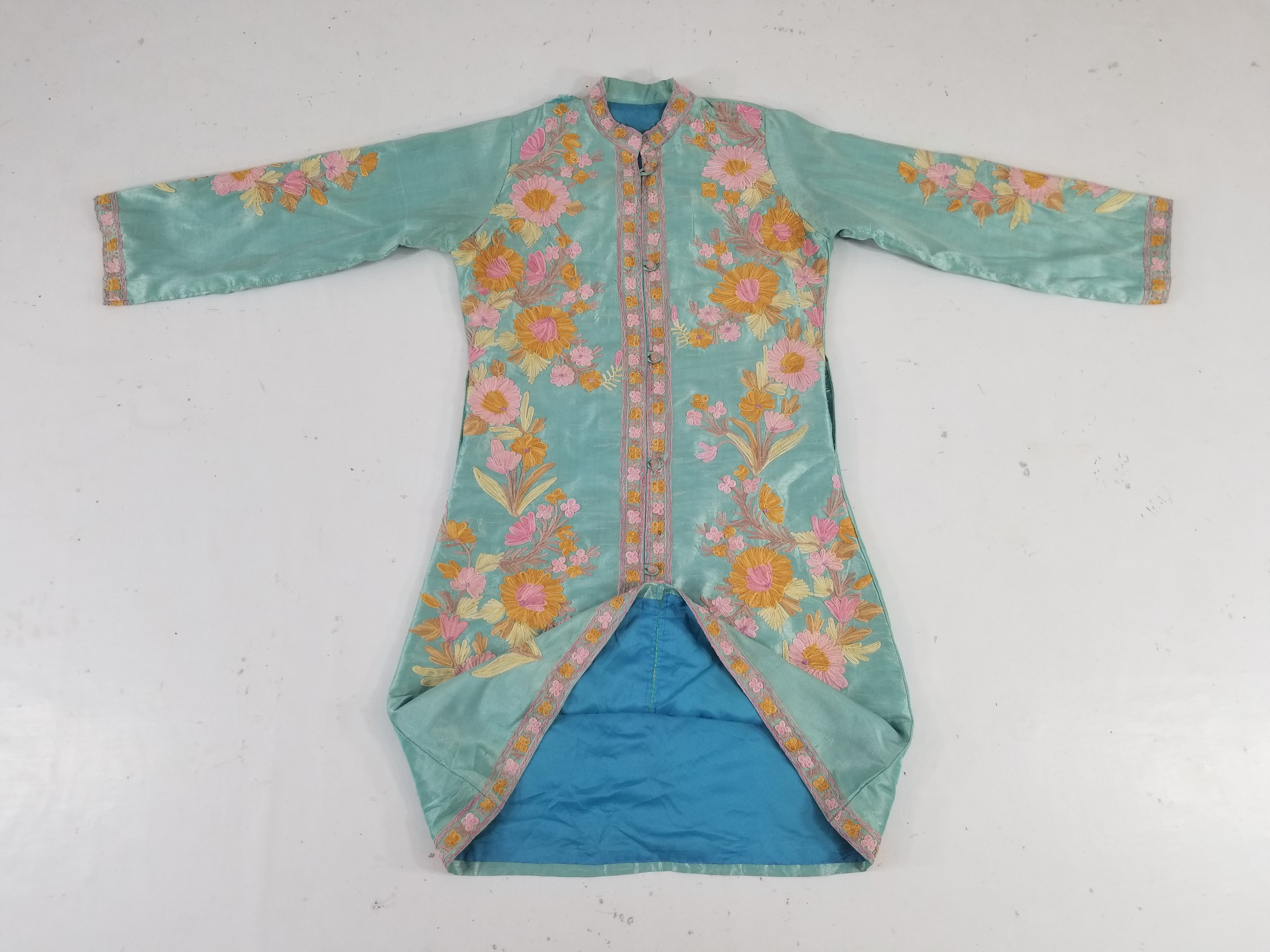 Vintage Traditional Kashmiri Crewel Embroidered Floral Silk Coat