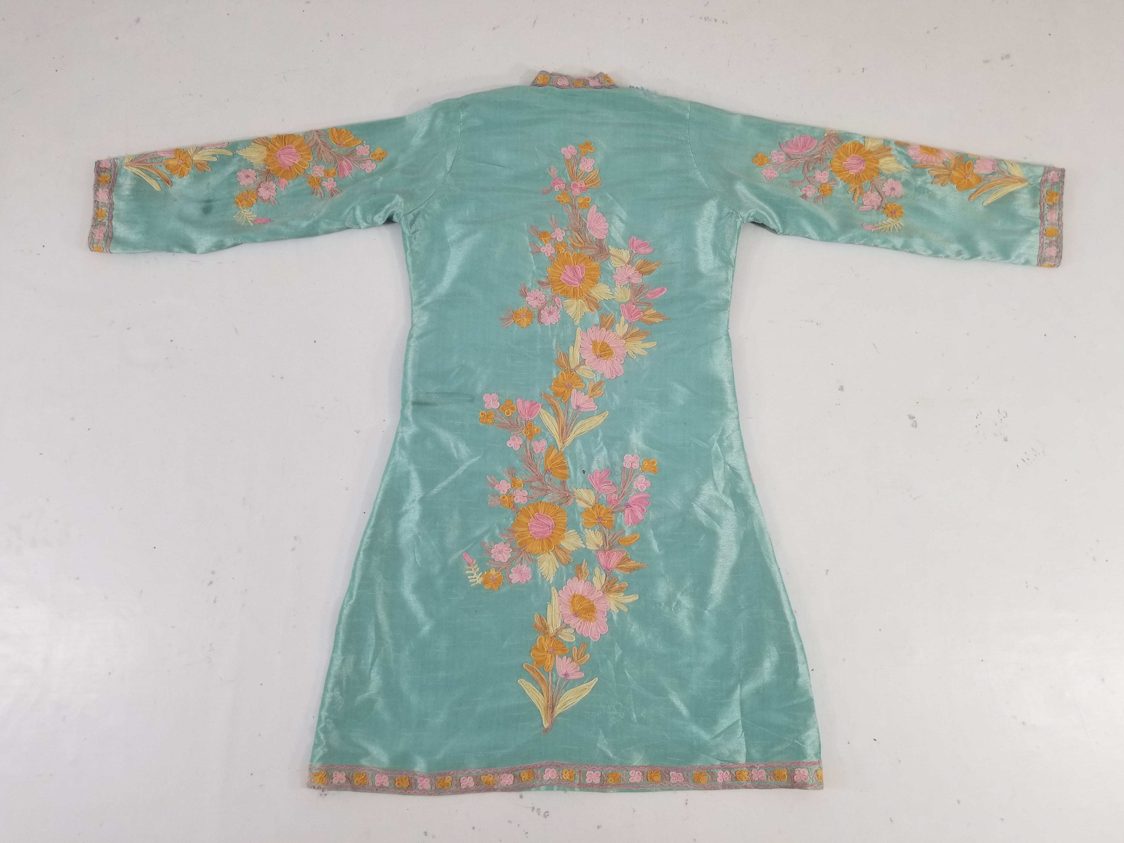 Vintage Traditional Kashmiri Crewel Embroidered Floral Silk Coat