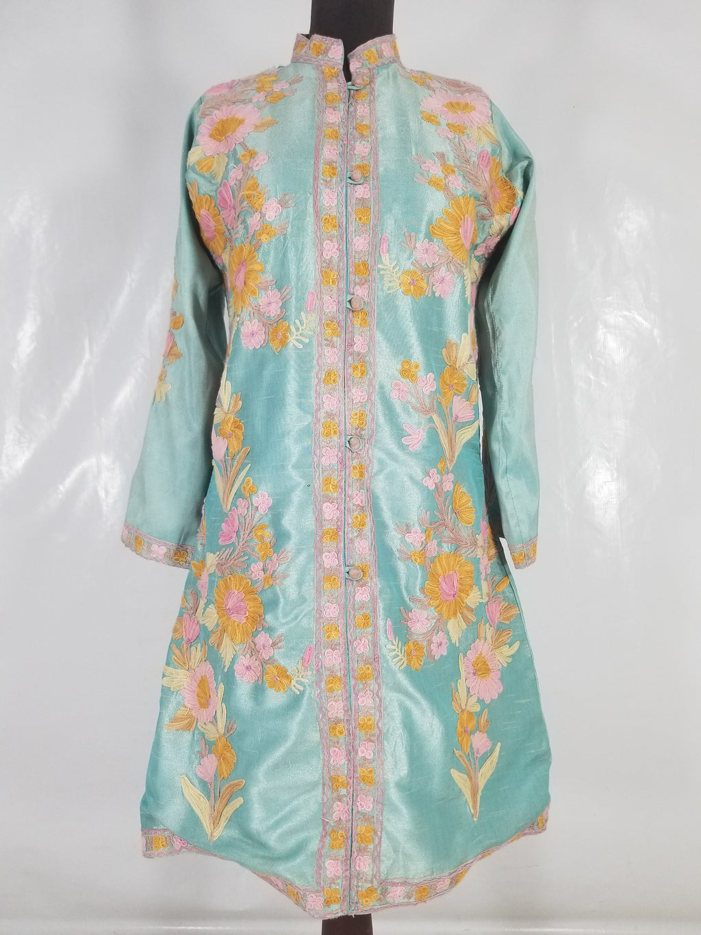 Vintage Traditional Kashmiri Crewel Embroidered Floral Silk Coat