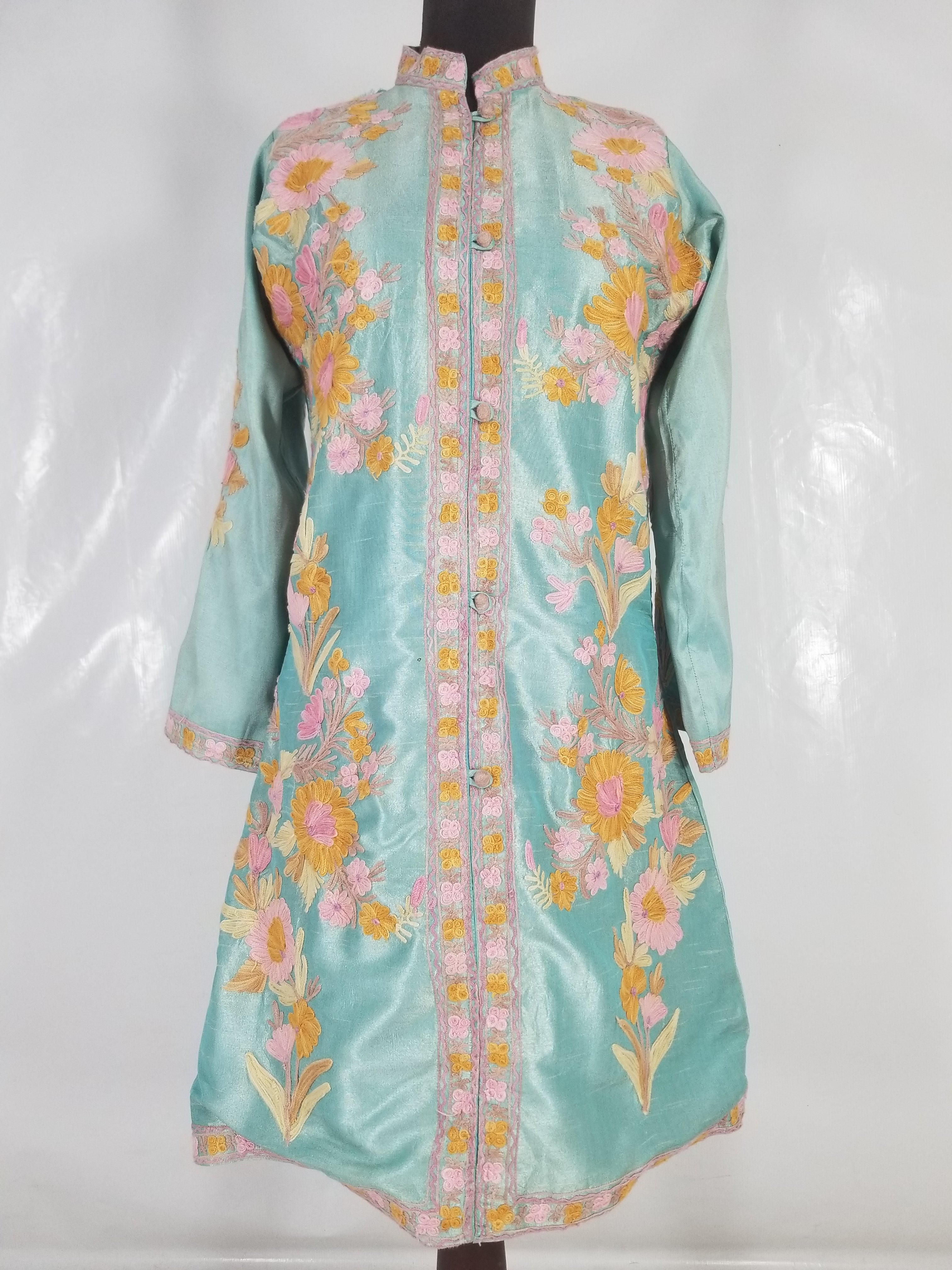 Vintage Traditional Kashmiri Crewel Embroidered Floral Silk Coat