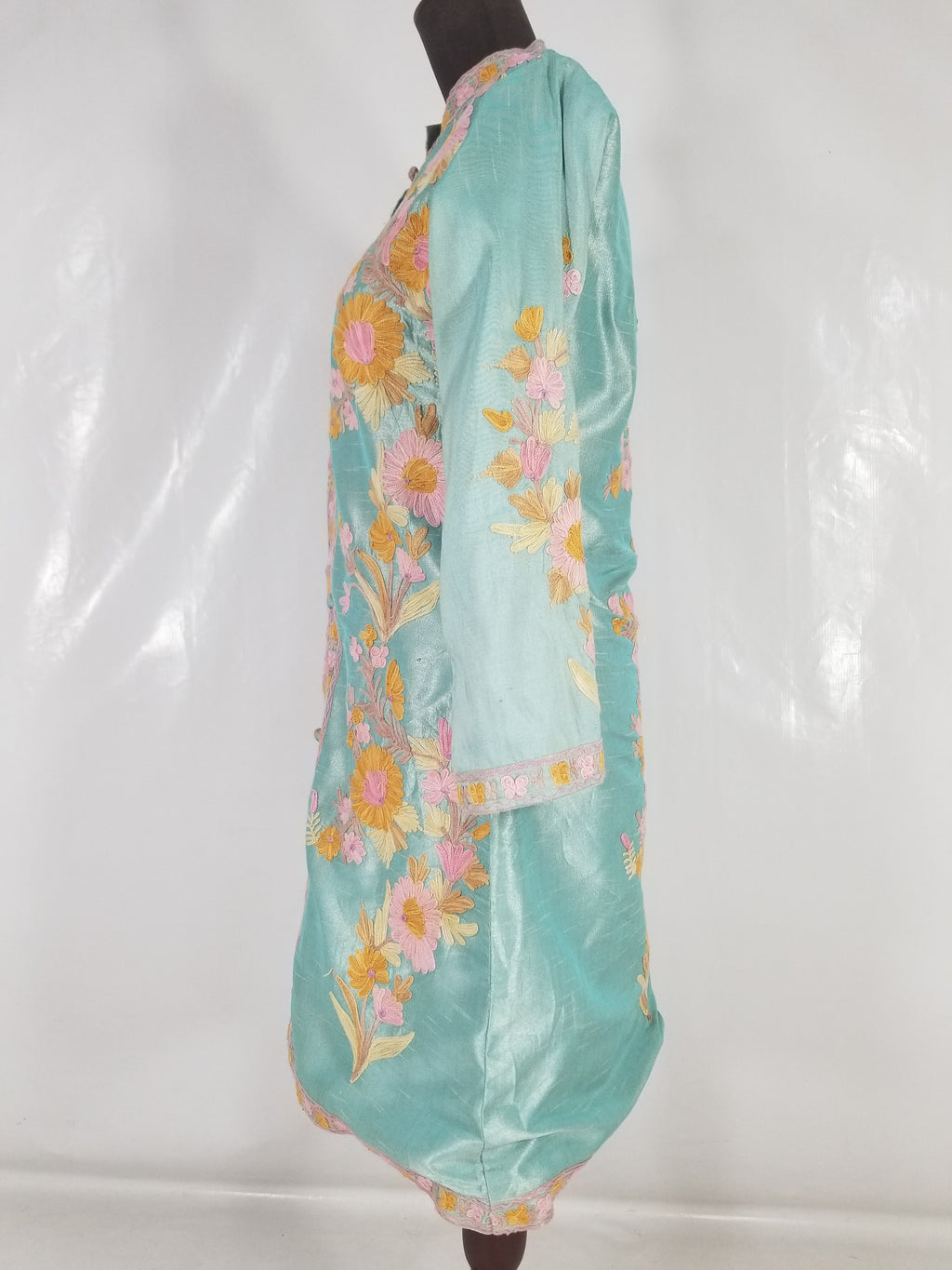 Vintage Traditional Kashmiri Crewel Embroidered Floral Silk Coat