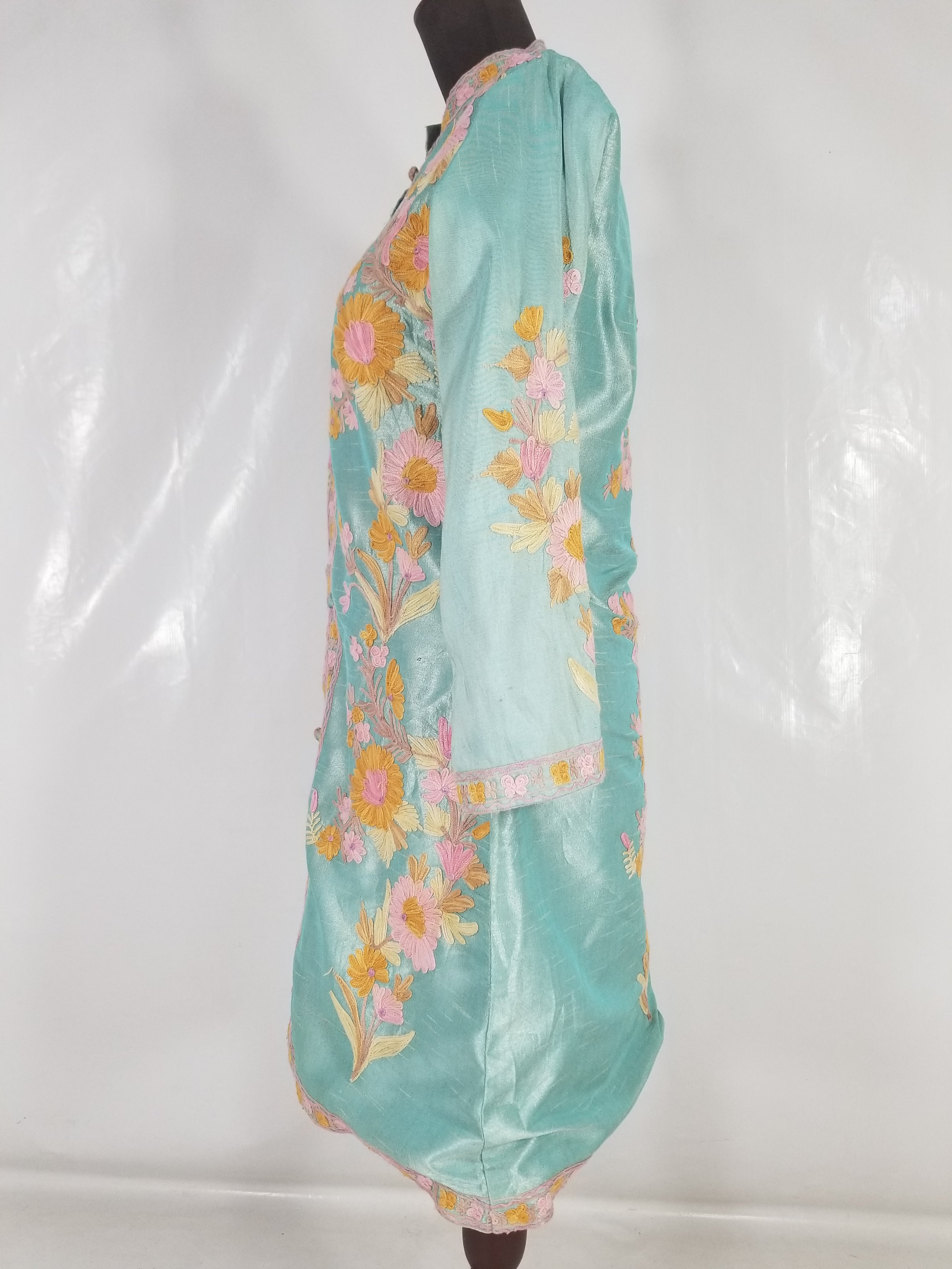 Vintage Traditional Kashmiri Crewel Embroidered Floral Silk Coat