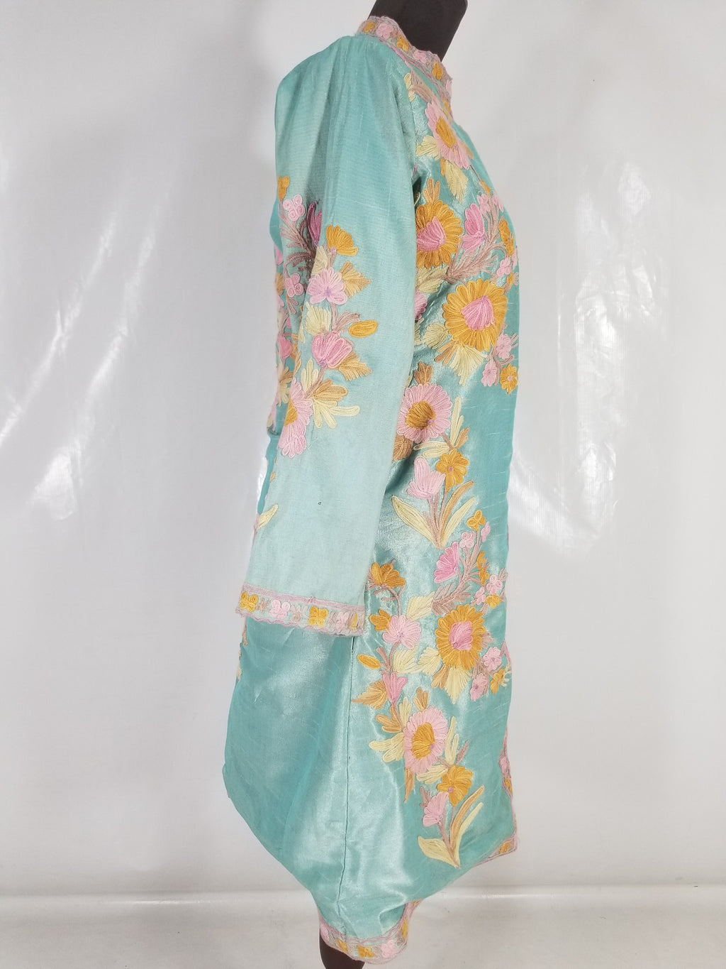 Vintage Traditional Kashmiri Crewel Embroidered Floral Silk Coat