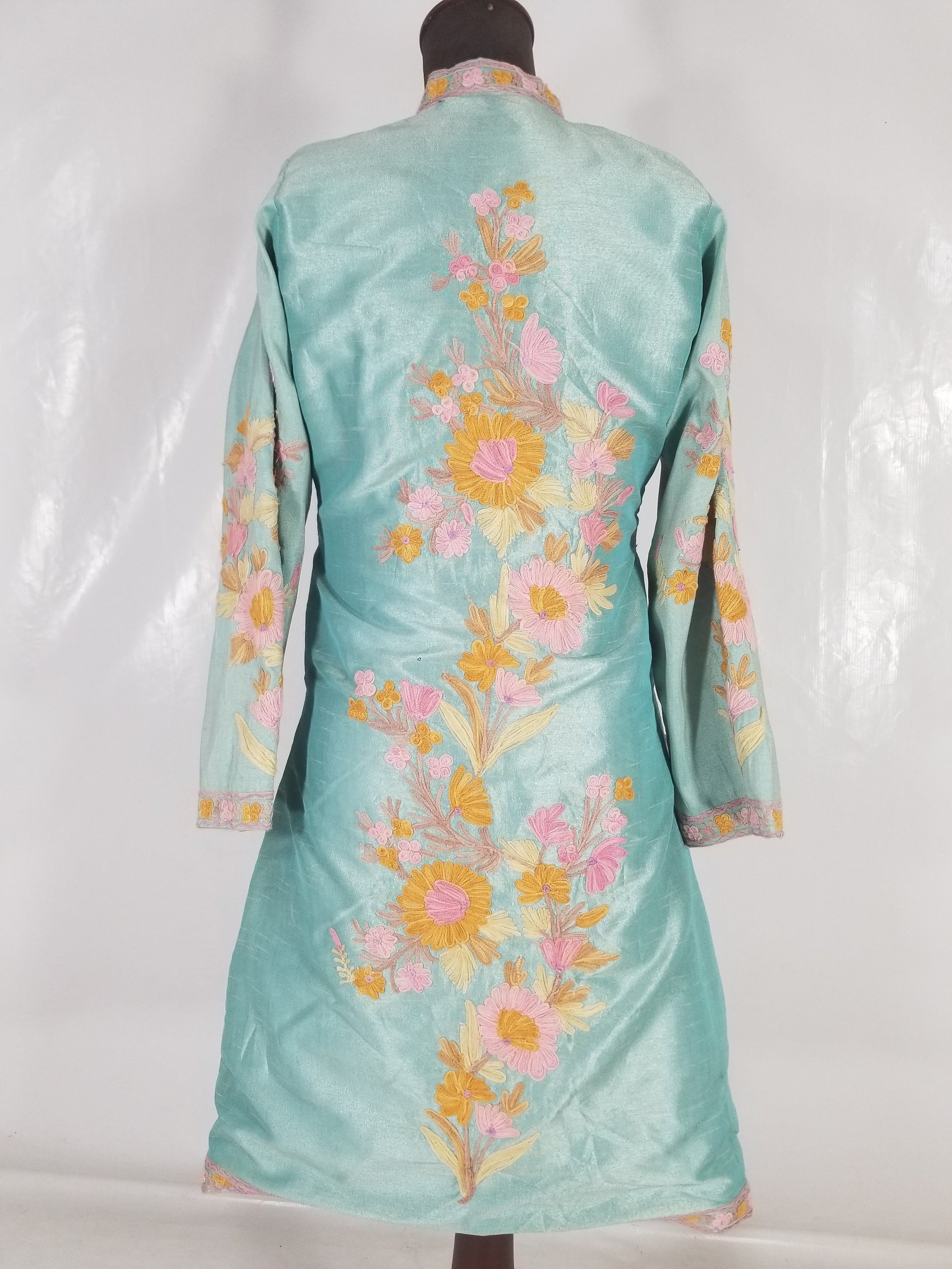 Vintage Traditional Kashmiri Crewel Embroidered Floral Silk Coat