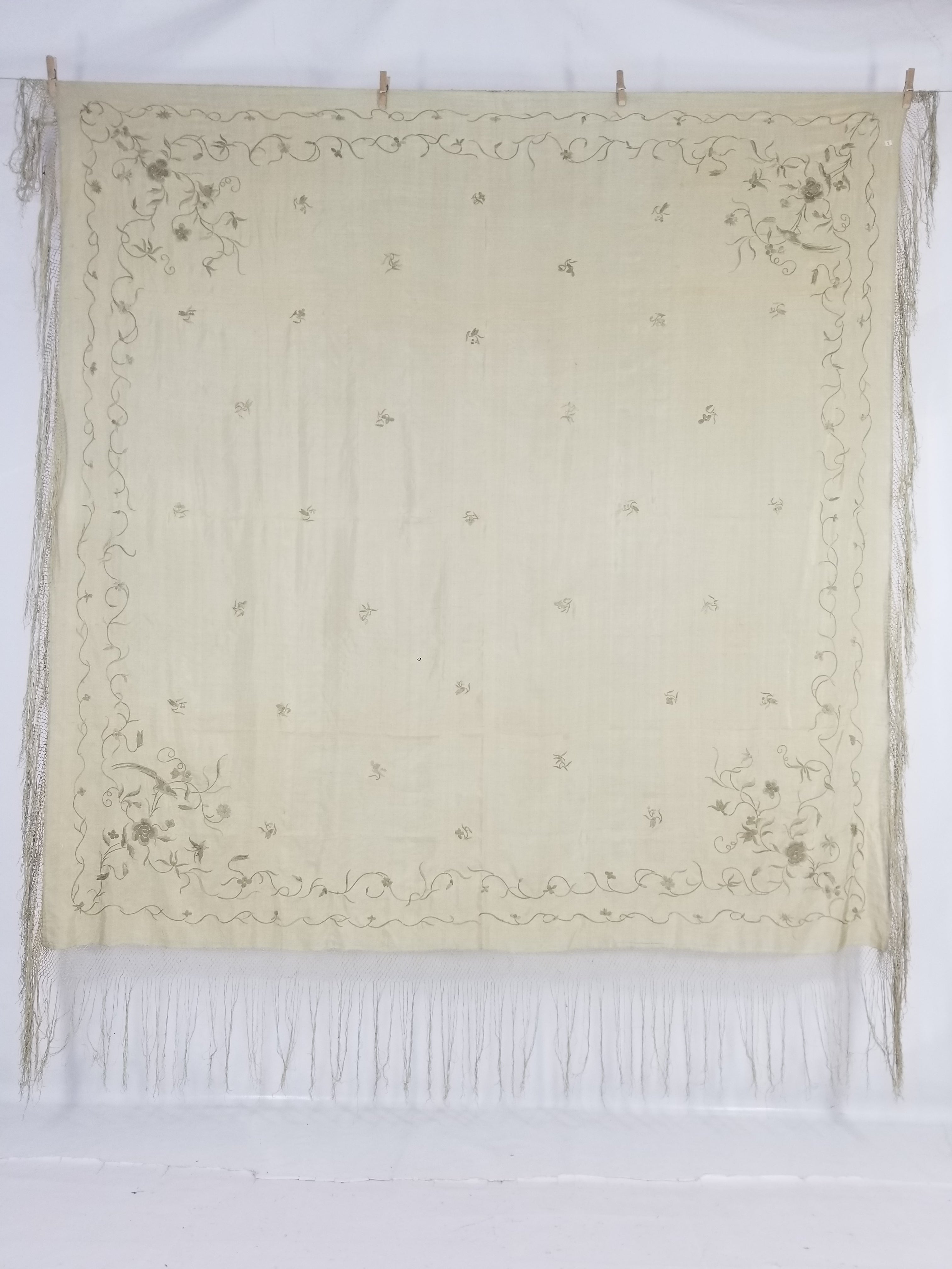 Antique Chinese Silk Hand Embroidered Floral Elizabeth Piano Shawl 168x162cm