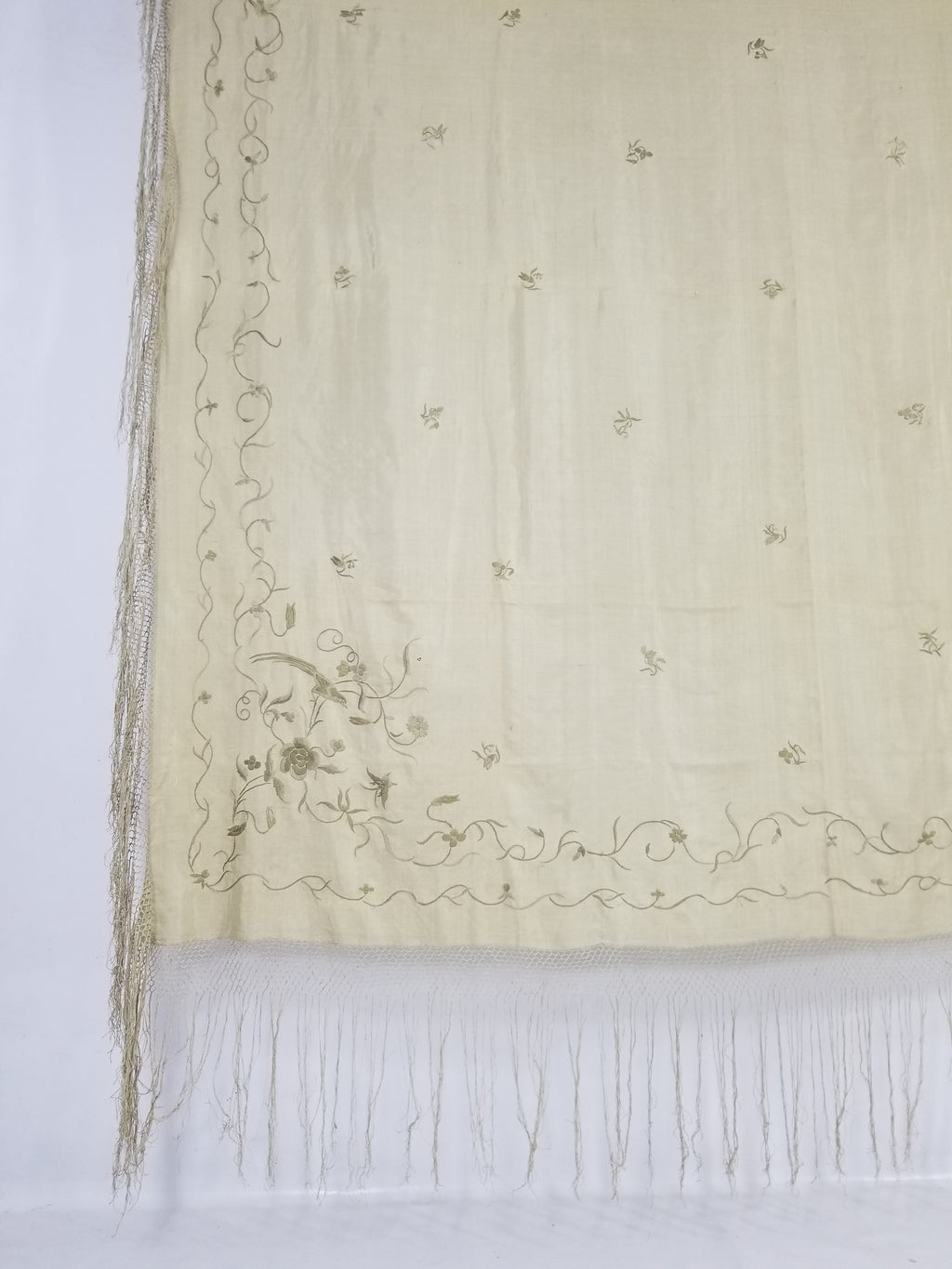 Antique Chinese Silk Hand Embroidered Floral Elizabeth Piano Shawl 168x162cm